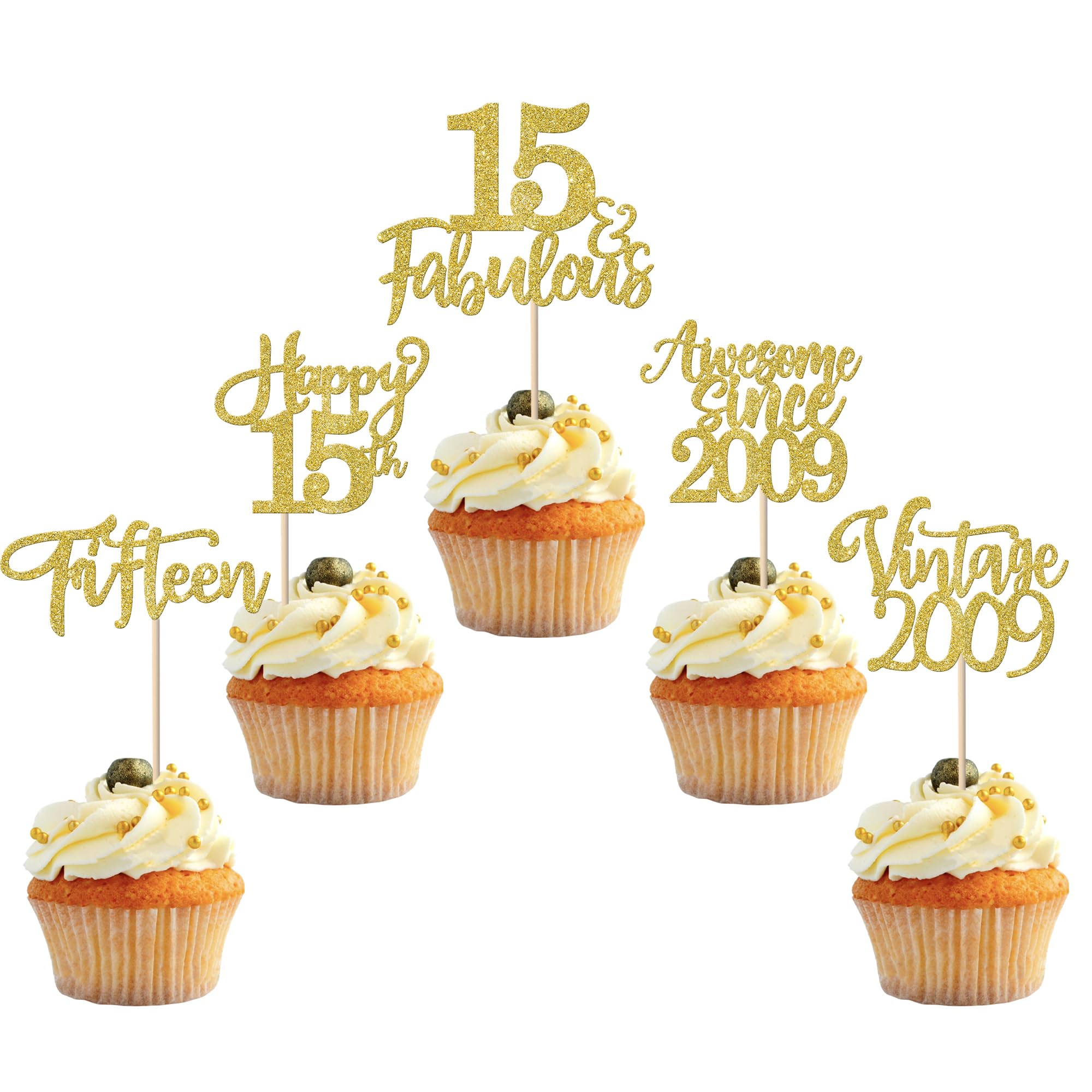 30er Set Vintage 2008 Cupcake Topper – Glitzer 'Fifteen', 'Cheers To 15 Years' Für 15. Geburtstag Oder Jubiläum | Rose Gold Cake Decorations