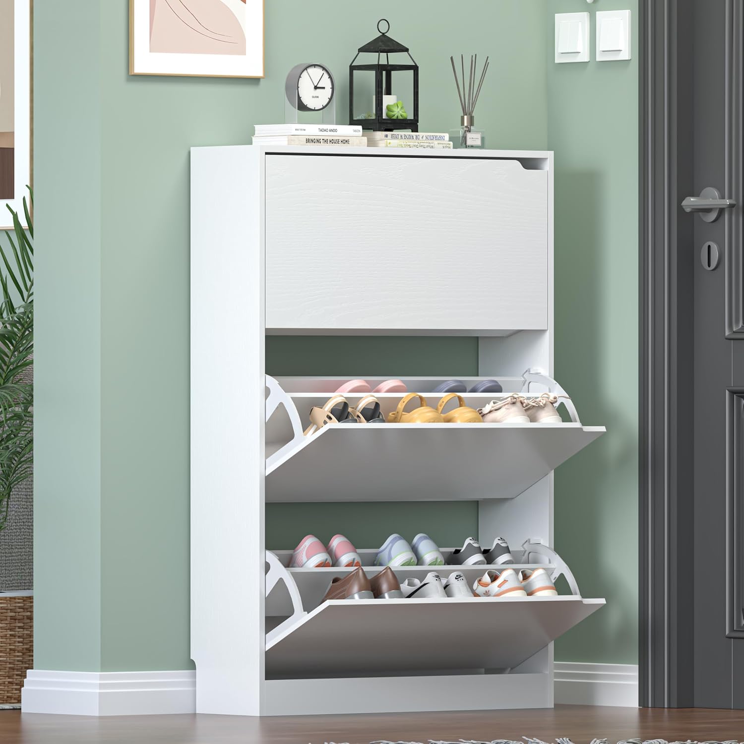 HUANLEGO Shoe Cabinet for Entryway, White Shoe Storage Cabinet with Doors 3 Flip Drawers Hidden Shoe Cabinet Modern Shoe Rack Storage Organizer for Entryway,Closet, Living Room,Hallway