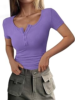 PRETTYGARDEN Women's 2025 Fall Summer Short Sleeve Tops Ribbed Henley Button Slim Fit Basic Casual T Shirts Blouse Clothing