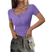 PRETTYGARDEN Womens 2026 Summer Short Sleeve Tops Ribbed Henley Button Slim Fit Basic Casual T Shirts Blouse Fashion Clothing