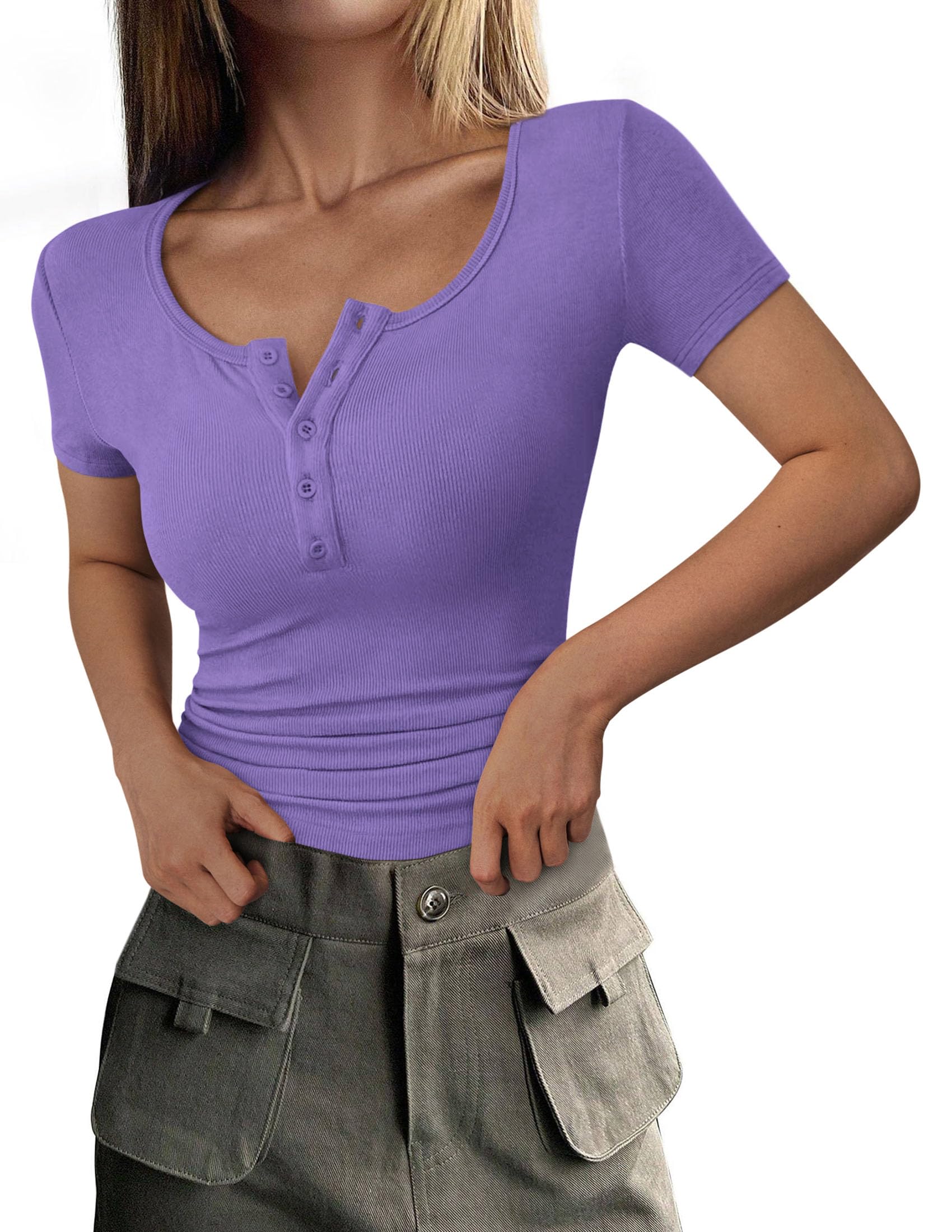 PRETTYGARDEN Women's 2025 Fall Summer Short Sleeve Tops Ribbed Henley Button Slim Fit Basic Casual T Shirts Blouse Clothing