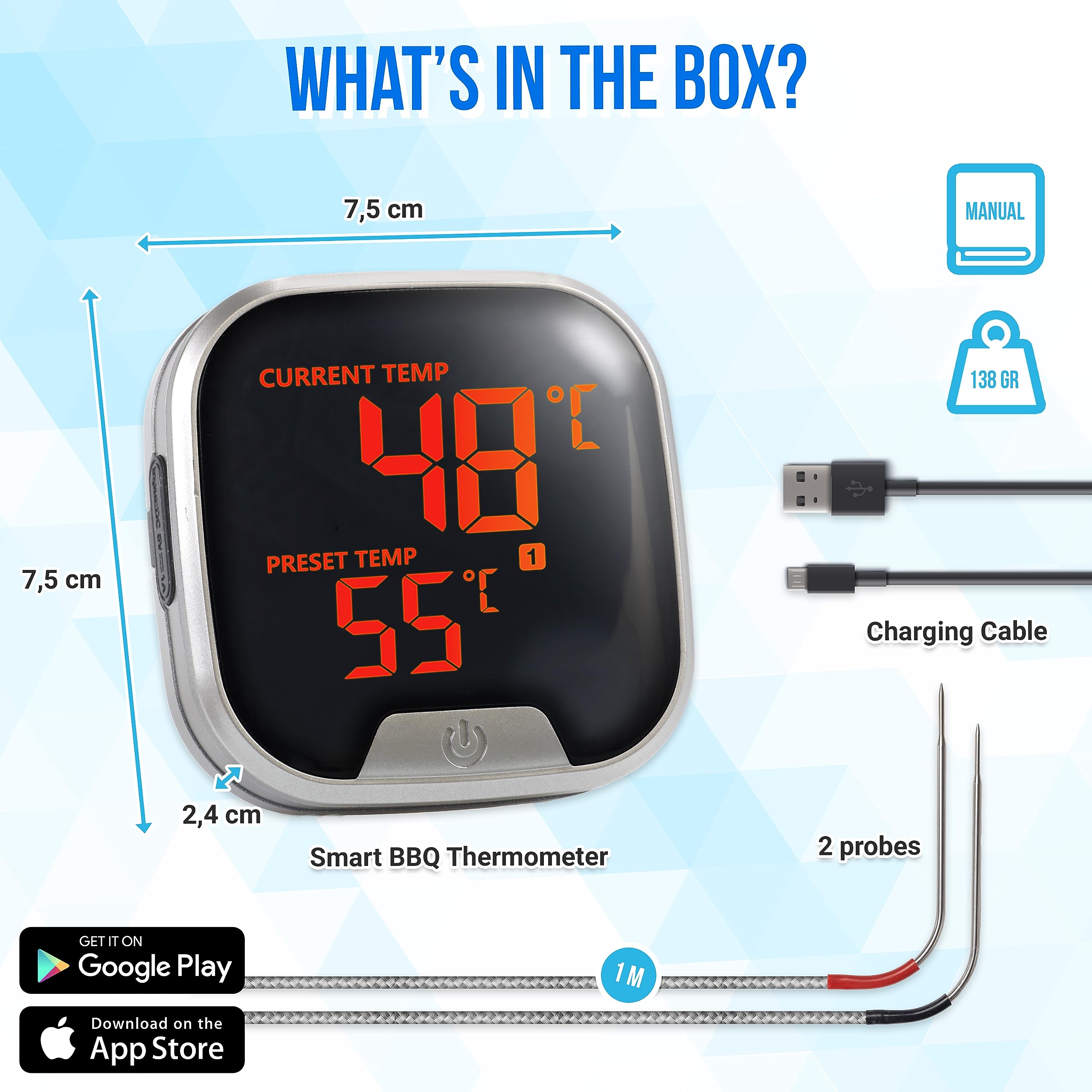Silvergear® Fleischthermometer mit App | Grillthermometer Kabellos Bluetooth | BBQ Thermometer mit 2 Temperaturfühlern | 40m Reichweite | Digital Braten-Thermometer für Grill & Backofen| USB-Aufladbar