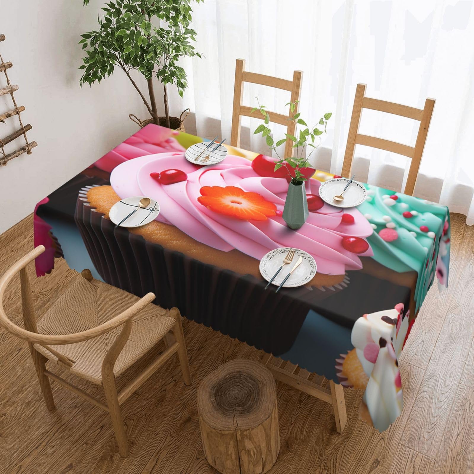 FodPand Cupcake Tablecloths for Rectangle Tables 54 x 72 Inch - Reusable Washable Dining Table Clothes - Stain and Wrinkle Resistant Decorative Fabric Table Cover for Wedding Party