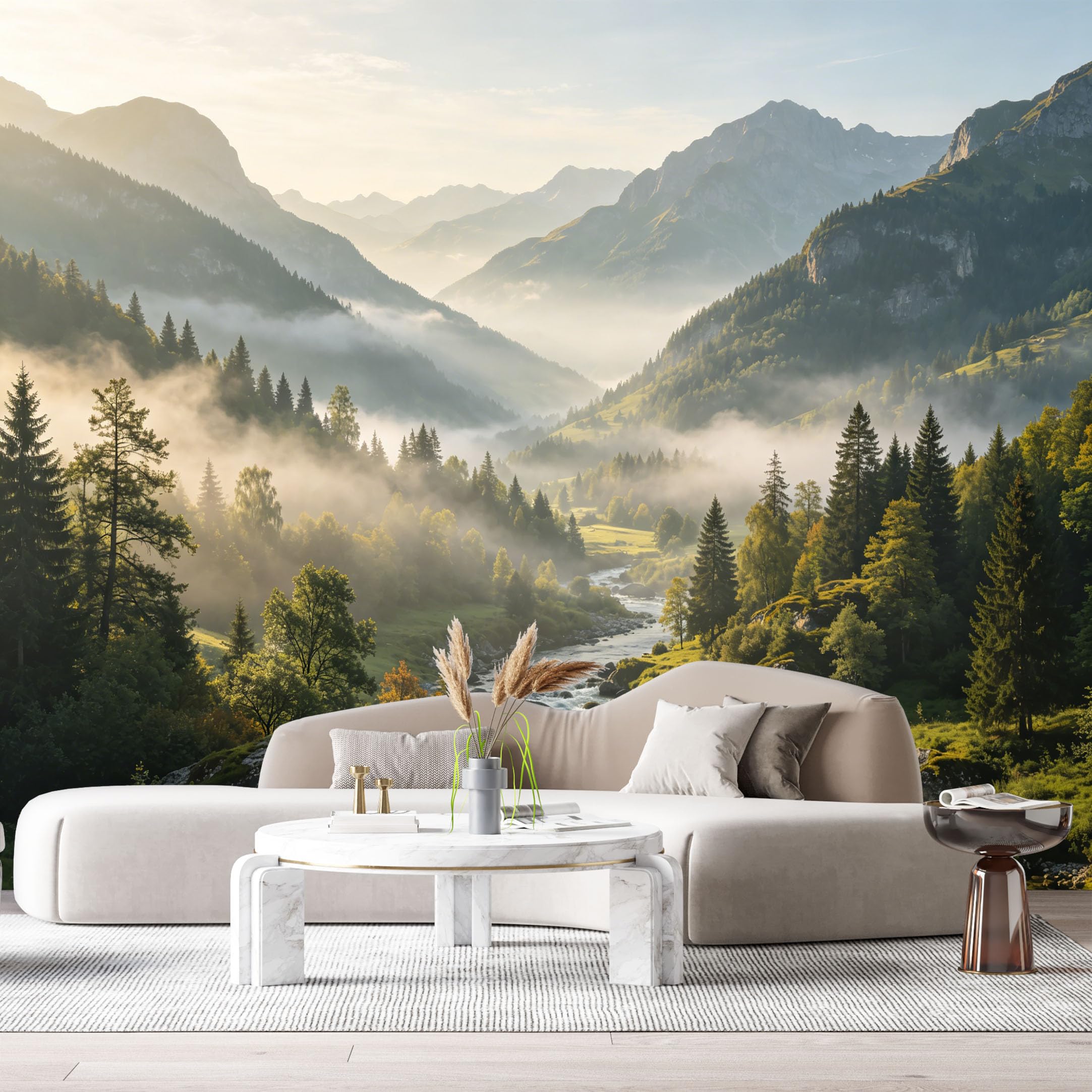 Custom Size Wall Murals Mountain Valley Landscape Watercolor River Forest Mist SelfAdhesive Wall Fabric Removable Large Wallpaper for Photo Living Room