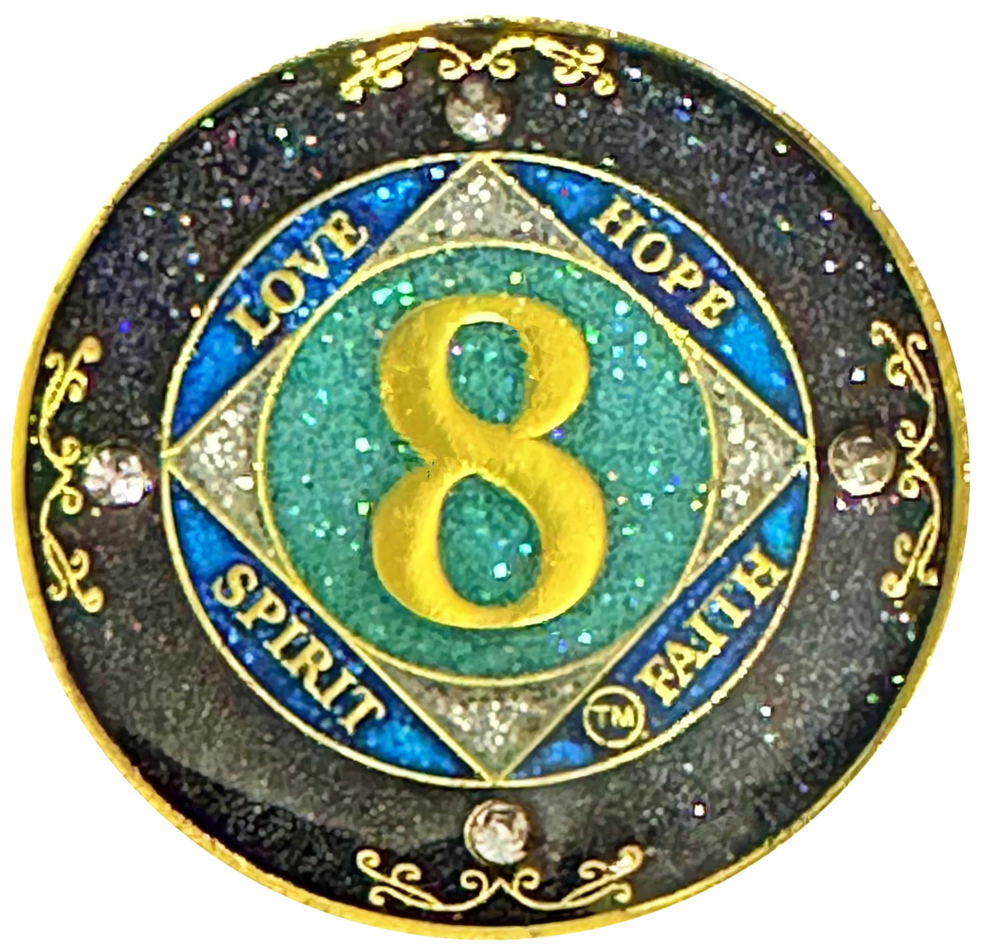 Simply Minimal (1-50 Years) NA Year Crystals and Glitter Medallion, Golden Color Plated Coin, Black Rainbow, Blue Glitter and Four Clear Crystals