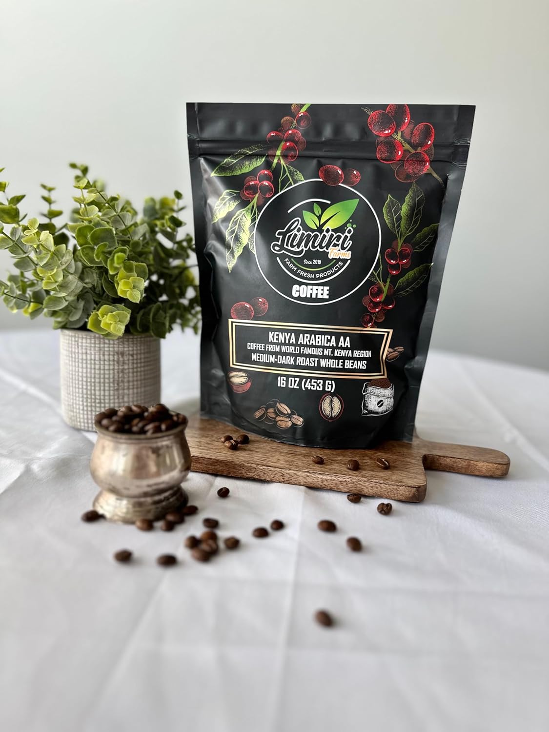 Limiri Kenya Arabica AA Coffee, Medium-Dark Roast Whole Beans, Mt. Kenya Region, 16 oz (453 g)