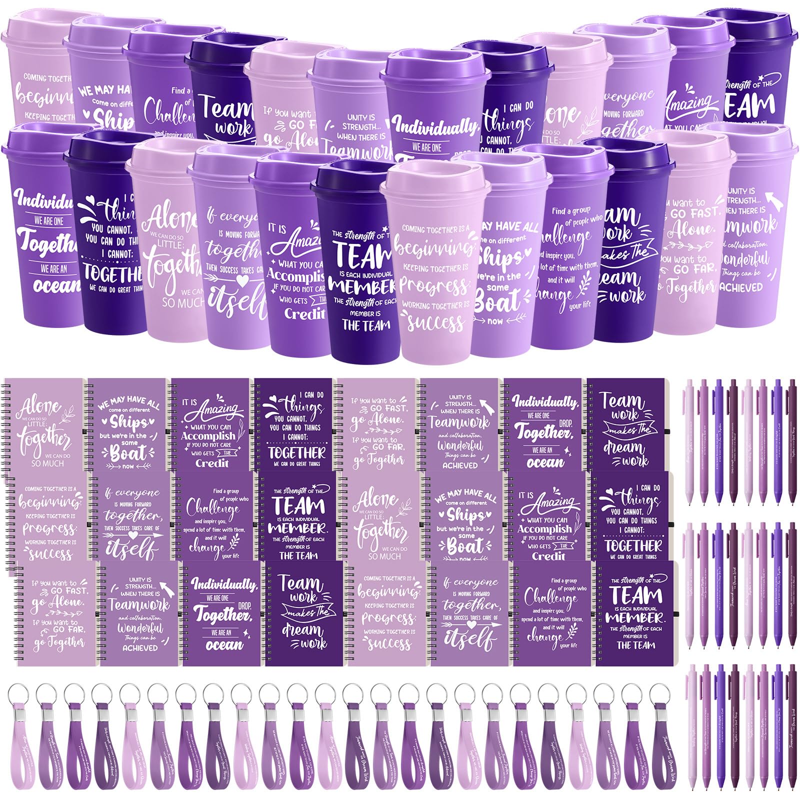 Skylety 24 Set/96 Pcs Team Appreciation Gift Set Inspirational Employee Appreciation Gift Bulk 16 oz Coffee Cups with Team Notebook Pen Keychains for Staff Teacher (Purple Color)