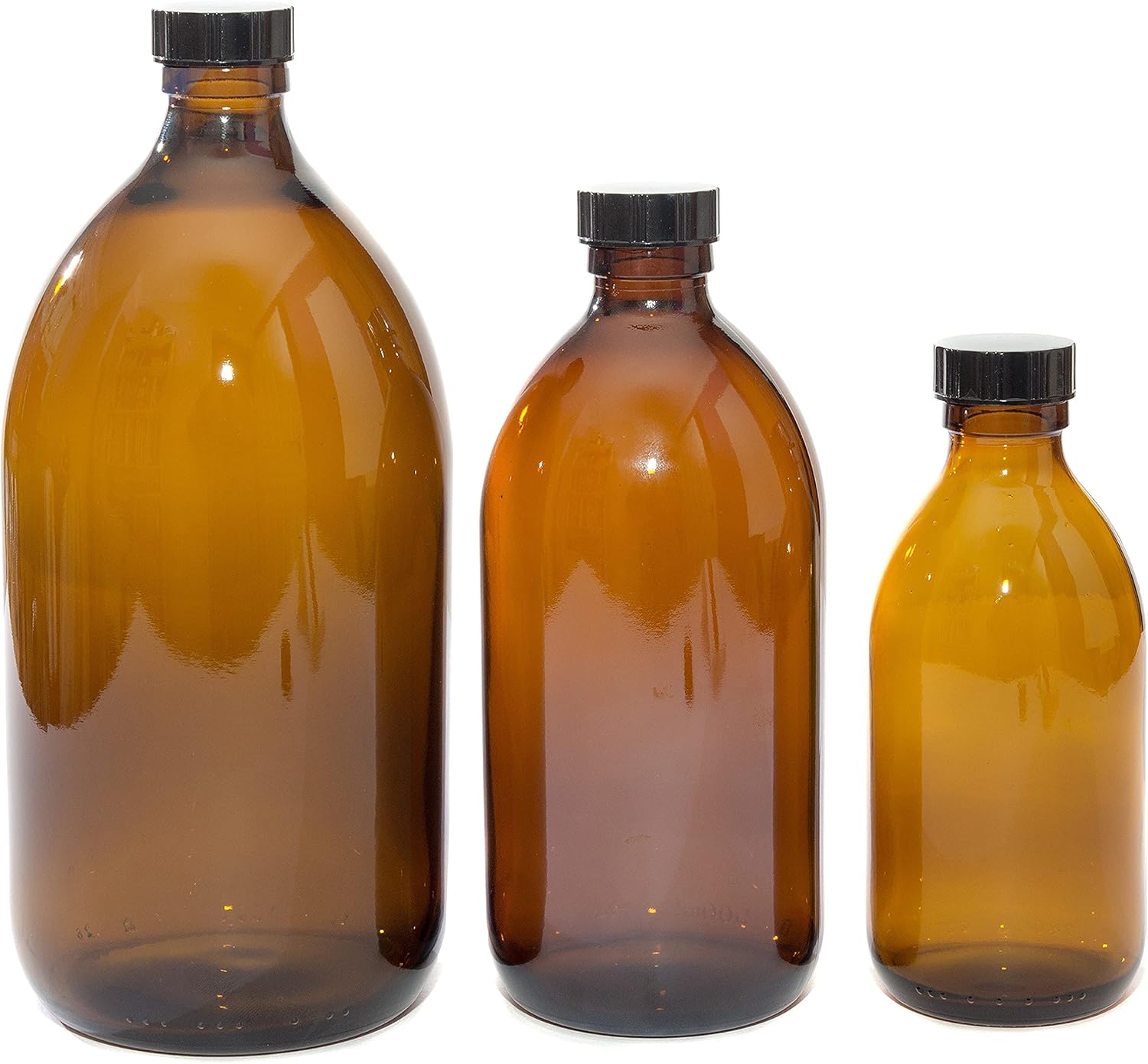 A set of 250ml, 500ml & 1000ml AMBER GLASS Bottles with BLACK Lids BigaMart