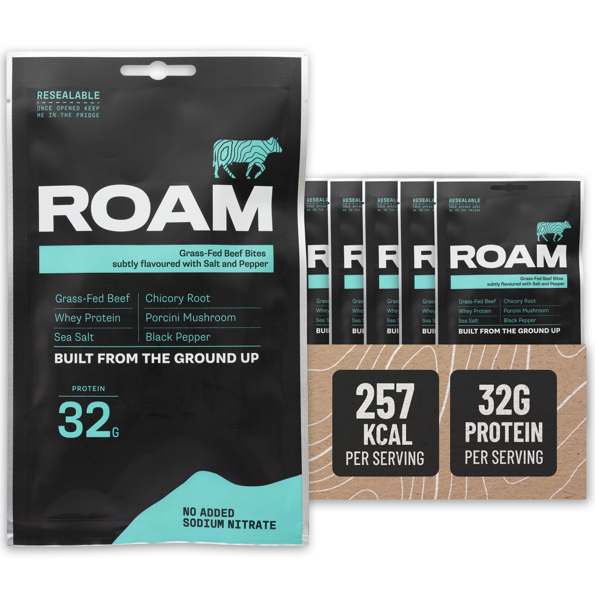 ROAM Low Carb Protein Bites aus Rindfleisch – High Protein Energieriegel & Keto Snack – 6 x 70g – Gesunde, Glutenfreie Fitness Snacks (Beef Bites)