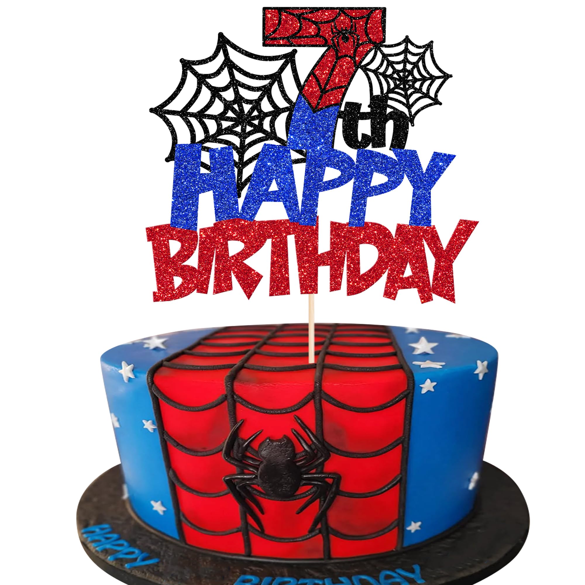 Rsstarxi 1 Pack Happy 7th Birthday Cake Topper Glitter Spider Web Cake Pick Superhero Spider Party Cake Decorations for Children Kids Boys Happy 7th