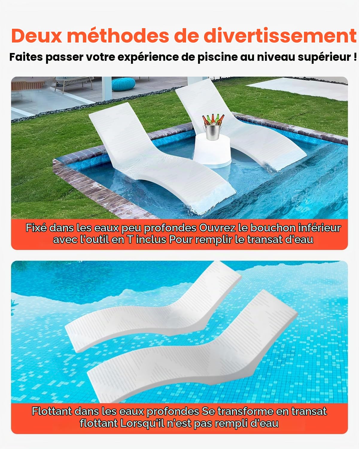 VEVOR Bain de Soleil, Lot de 2, Chaise Longue pour Profondeurs d'eau jusqu'à 12,7 cm, transat fixées dans Les piscines et flottantes sur l'eau, pour Bronzage au Bord de la Piscine et sur la terrasse