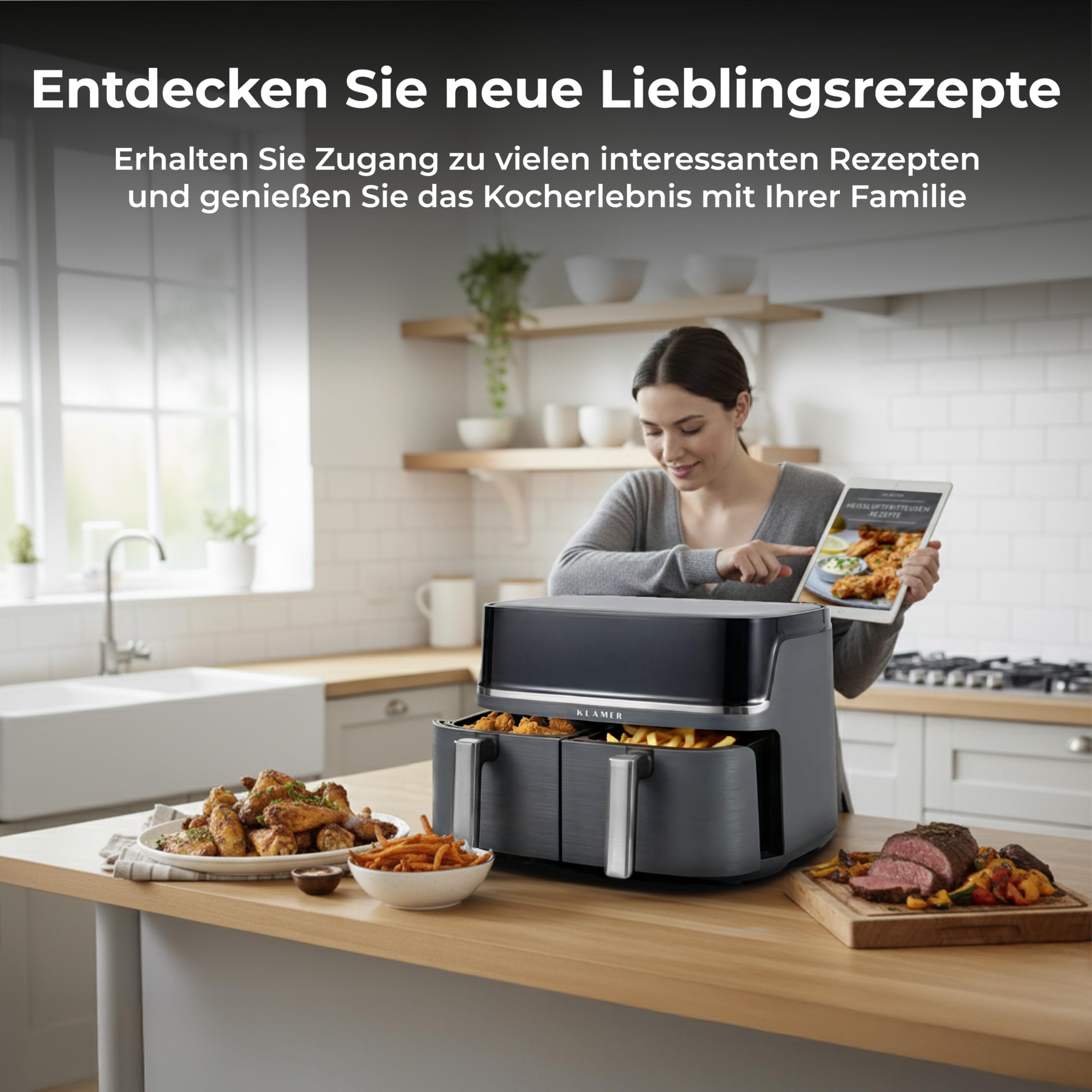 KLAMER Heißluftfritteuse Duo 9 L – Doppelkammer Airfryer mit 2 Körben & Digitaldisplay, 10 Automatikprogramme, Dual-Funktion, Timer, 3000 W Heißluft-Zirkulation, spülmaschinengeeignet