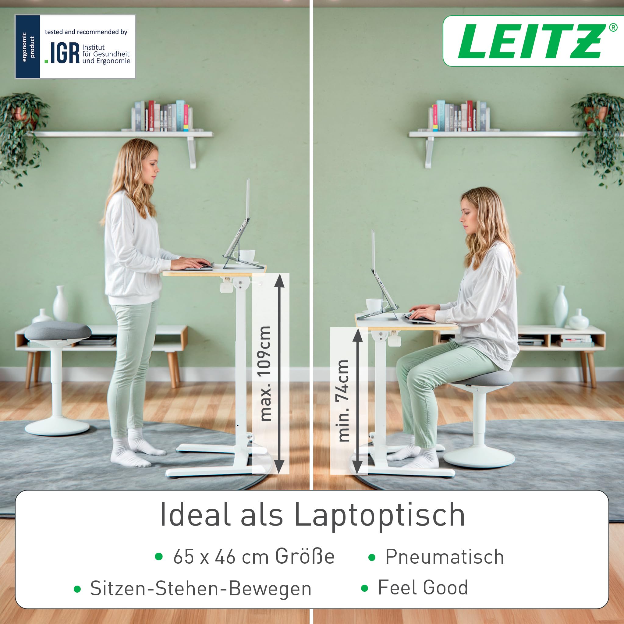 Leitz Ergo Klappbarer und höhenverstellbarer Schreibtisch, Kompaktes Stehpult mit Tragegriff, Ergonomischer Arbeitsplatz für das Home Office, Belastbar bis 20 kg, 65 x 48 cm, Weiß, 65880001