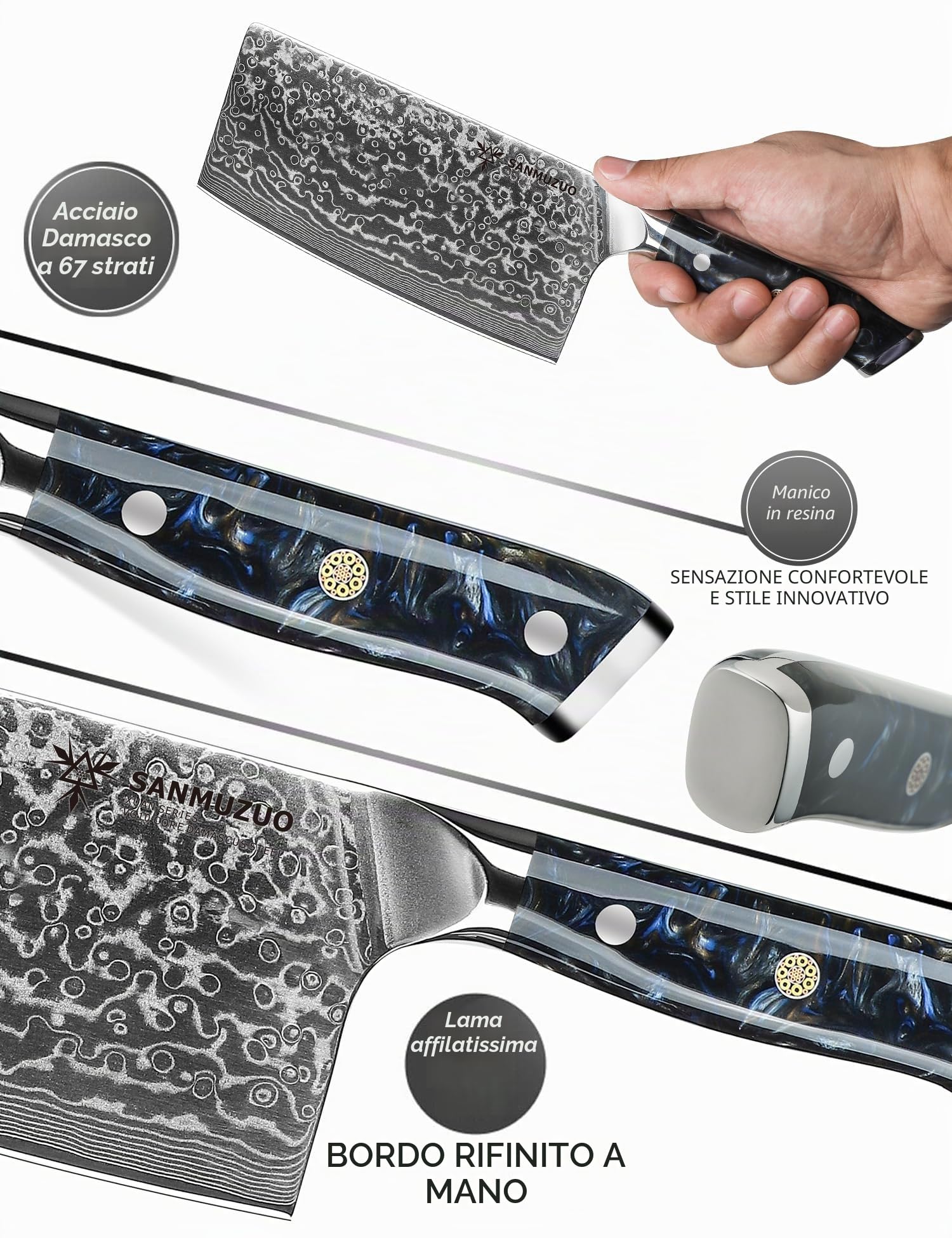 Coltello da Chef Cinese Professionale - Coltello da Cucina 18 cm, Acciaio Damasco 67 Strati - Impugnatura Ergonomica Resina - Xuan Series(Nero Stellato)