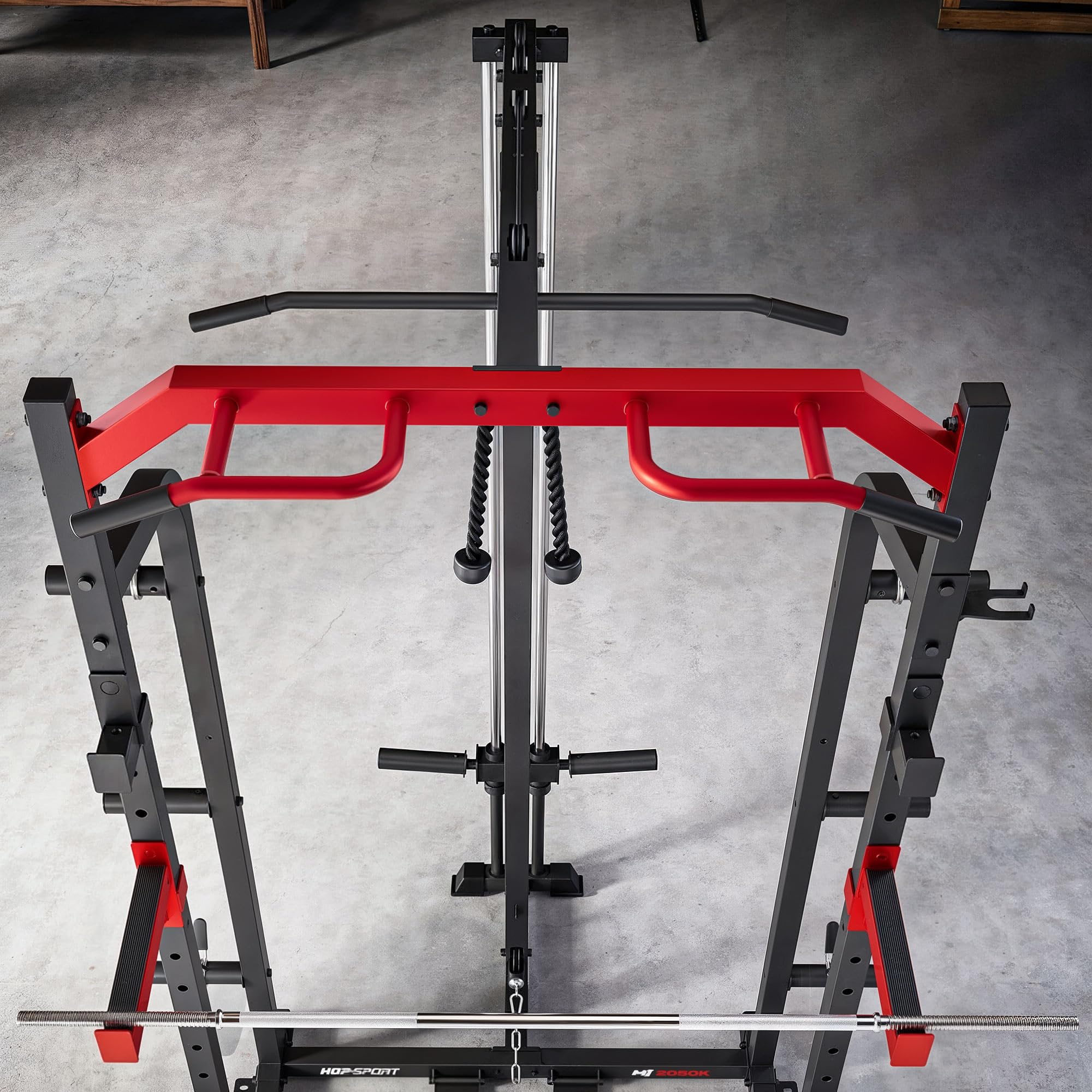 Hop-Sport Power Rack HS-2050K mit Latzug und Kabelzugstation, Power Cage mit Klimmzugstange, Sicherheitsablagen, Landmine, Squat Rack und Langhantelablage für Home Gym Krafttraining zuhause