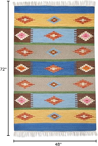 Miniatura 2 de NOVICA Artisan - Alfombra de lana hecha a mano con patrón de rayas de diamantes de la India, 4 x 6, multicolor, sólidos, tejido plano, patrón