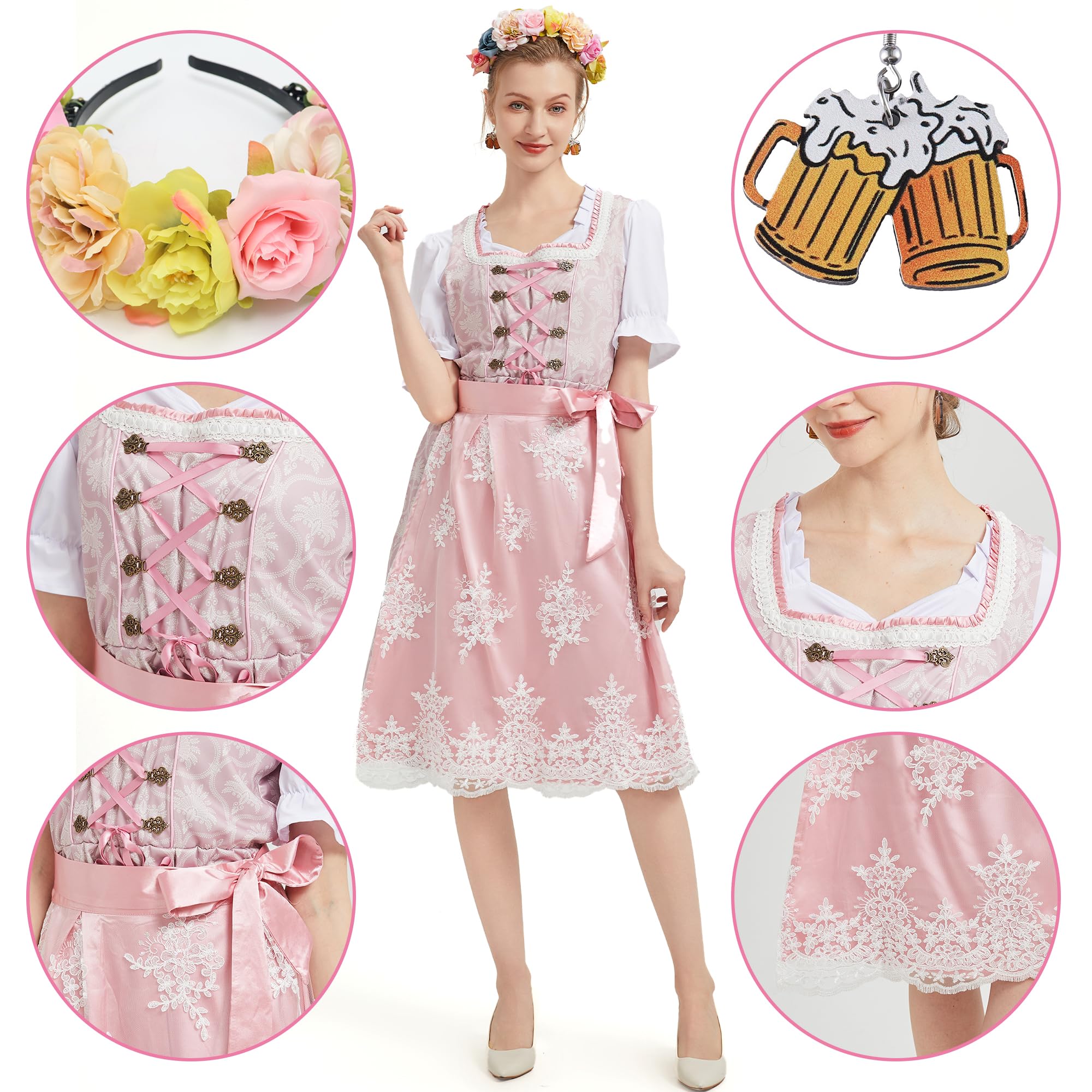 Ezuwail Dirndl Damen 5-Teilig Günstig Dirndl-komplettsets Große Größen Rosa Midi Dirndlkleid Outfit Billig Oktoberfest Dirndel Kleidung für Frauen Dirndelkleider Kostüm