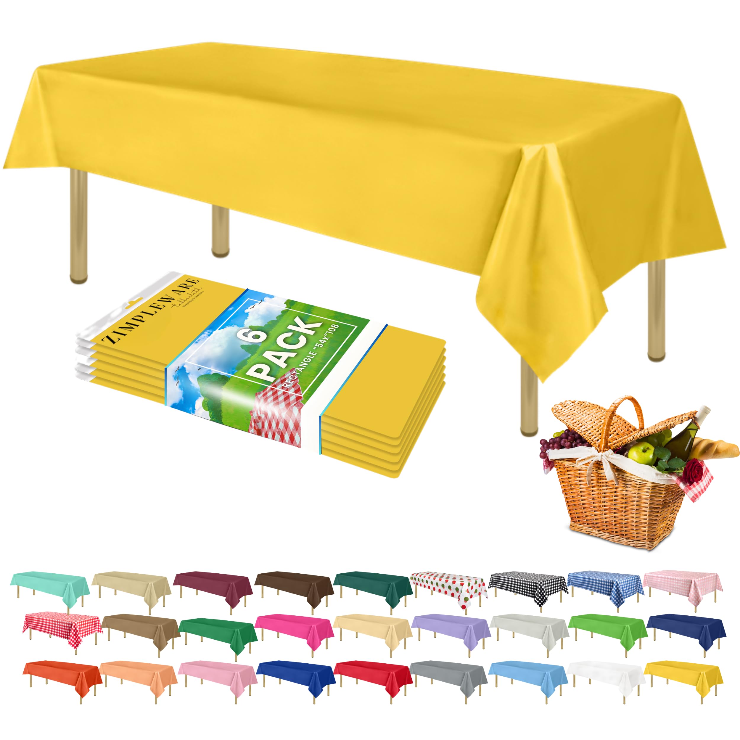 ZIMPLEWARE Yellow Standard Disposable Plastic Party Tablecloth [6-Pack] 54 x 108” Rectangle Table Cover for Indoor & Outdoor Use — image 1