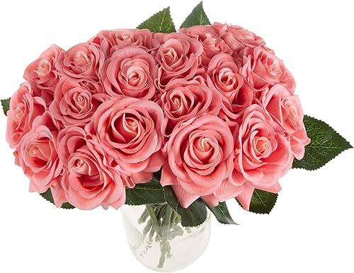 Miniatura 8 de Pure Garden Flores artificiales de rosas, juego de 18 flores artificiales de tacto real de 11.5 pulgadas con tallos para decoración del hogar, boda