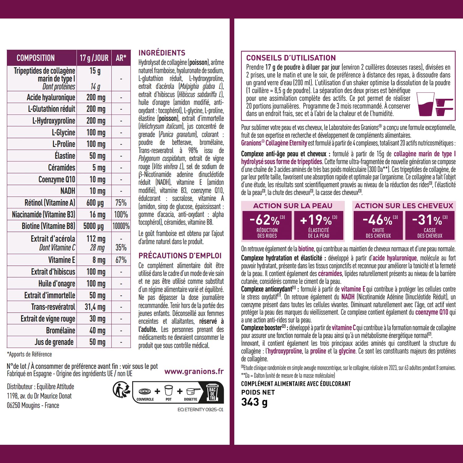 Collagene Marin Poudre - Granions Eternity - Acide Hyaluronique - 343g | Collagene Marin Tripeptides, Collagene Hydrolysé, Coenzyme Q10, Biotine, Anti-âge, Hydratation De La Peau, Pousse du cheveux