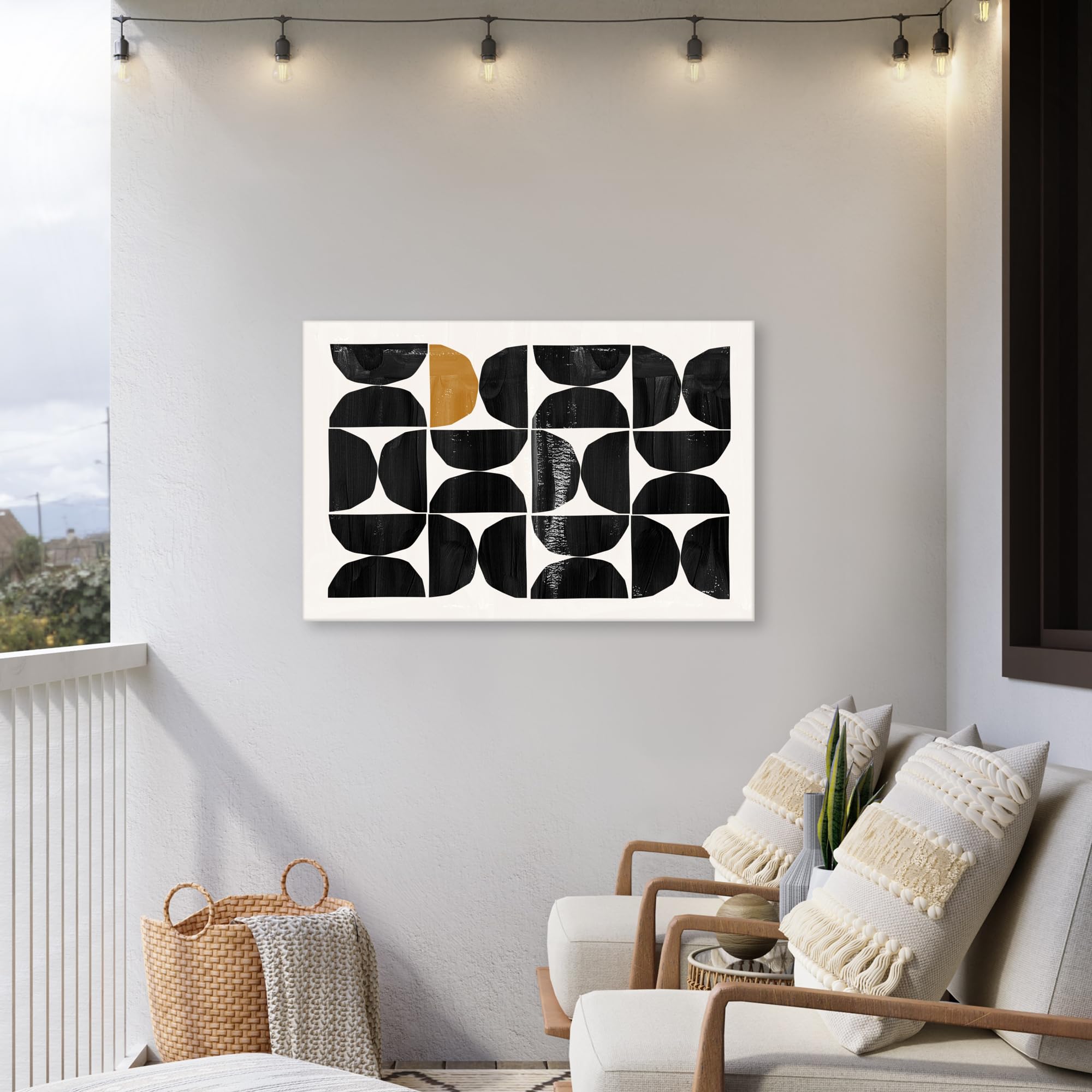 Gartenposter 120x80 cm Outdoor Wandbild Garten Deko Leinwand Gartendeko Terrasse Balkon Wetterfest Bild Außenbereich Wall Decor Draußen Abstrakte Kunst - Schwarz - Modern - Beige
