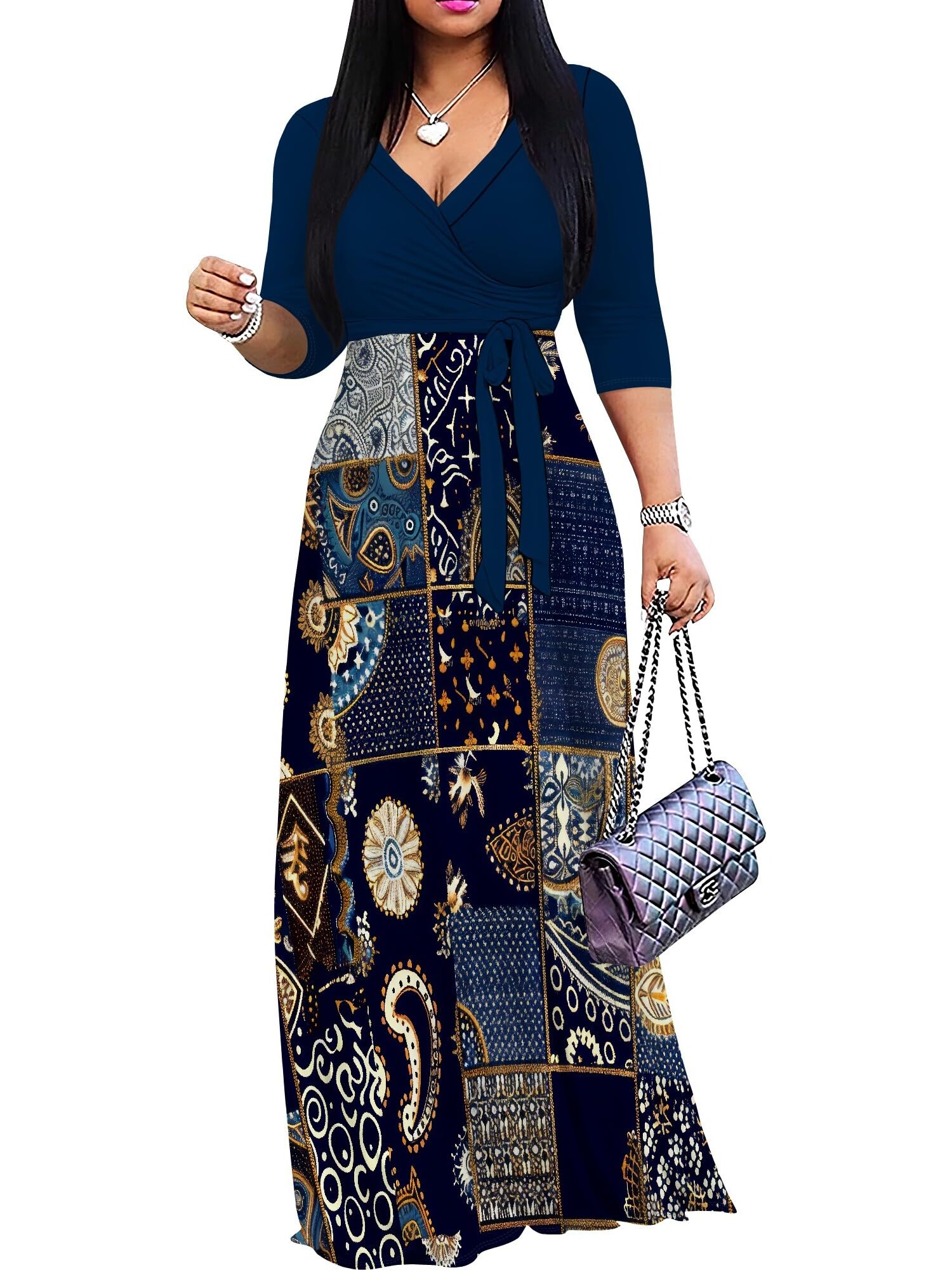 PinkPatty Women's Plus Size V Neck 3/4 Sleeve Boho Maxi Dress with Pockets | Boho printed maxi dress with pockets and tie waist for travel, vacations, weddings, church, parties, and daily wear