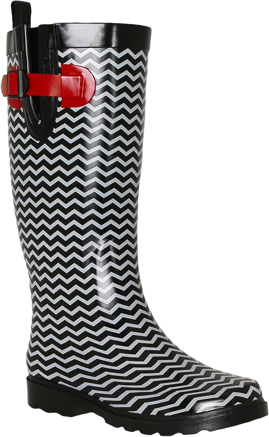 Capelli New York Ladies Shiny Tall Rubber Cozy Lined Rain Boots Chevron Black Combo Size 9