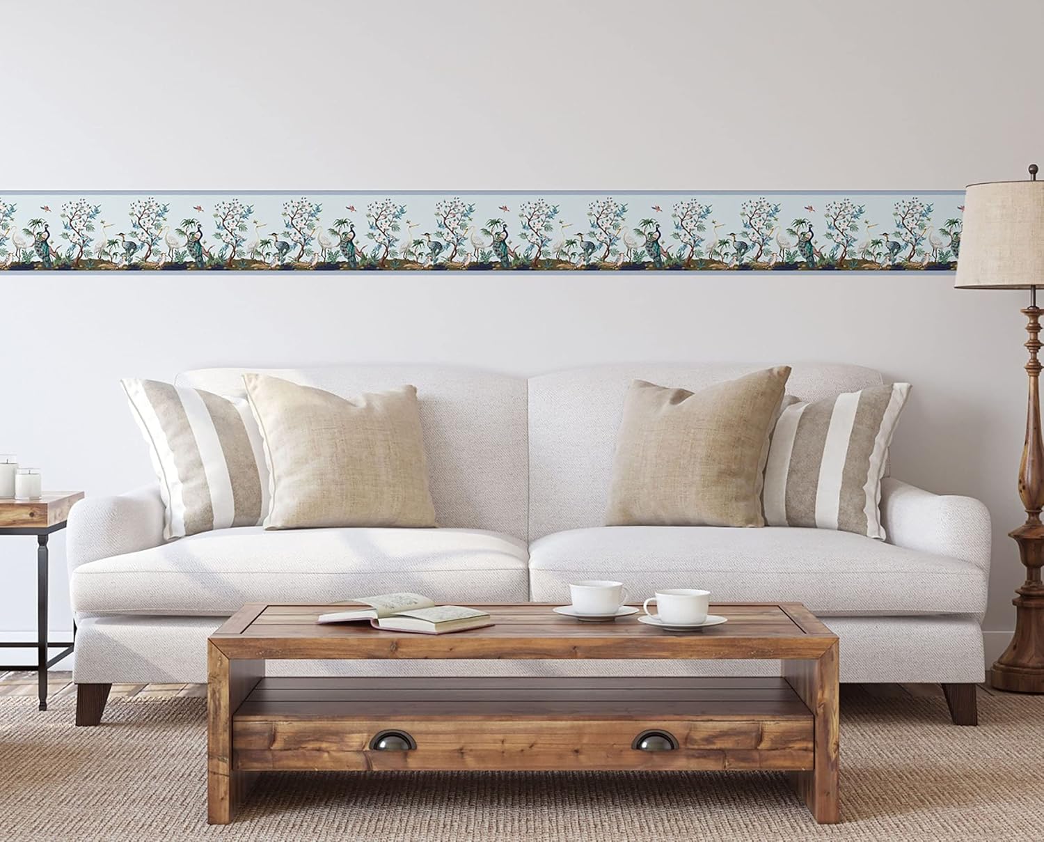 Grace & Gardenia Cranes and Grasshoppers Peel and Stick Wallpaper Border 15ft (Blue Green White, 10 inch)