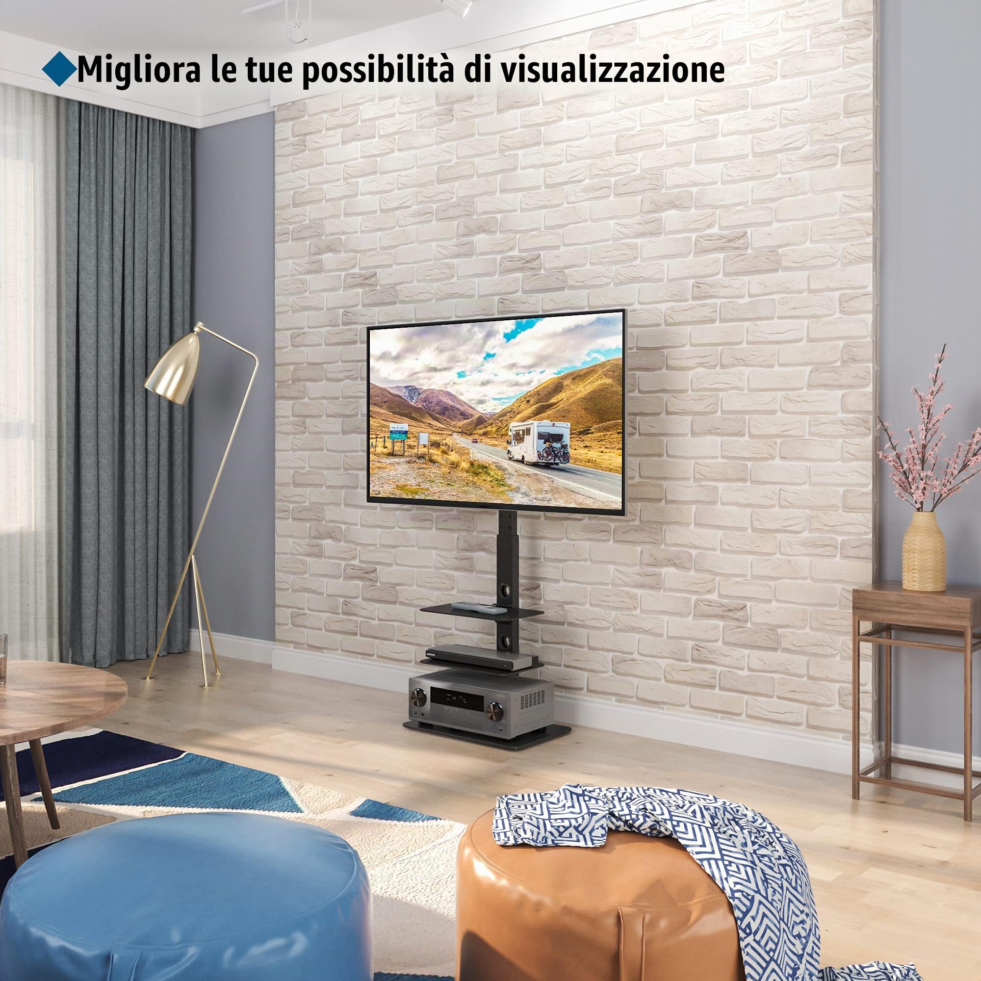 BONTEC Universale Supporto TV da pavimento per TV da 30-70 pollici LED OLED LCD, Porta TV da Terra Regolabile in Altezza con Ripiani in Vetro Temperato a 3 Livelli Max VESA 600x400mm, Fino a 40KG