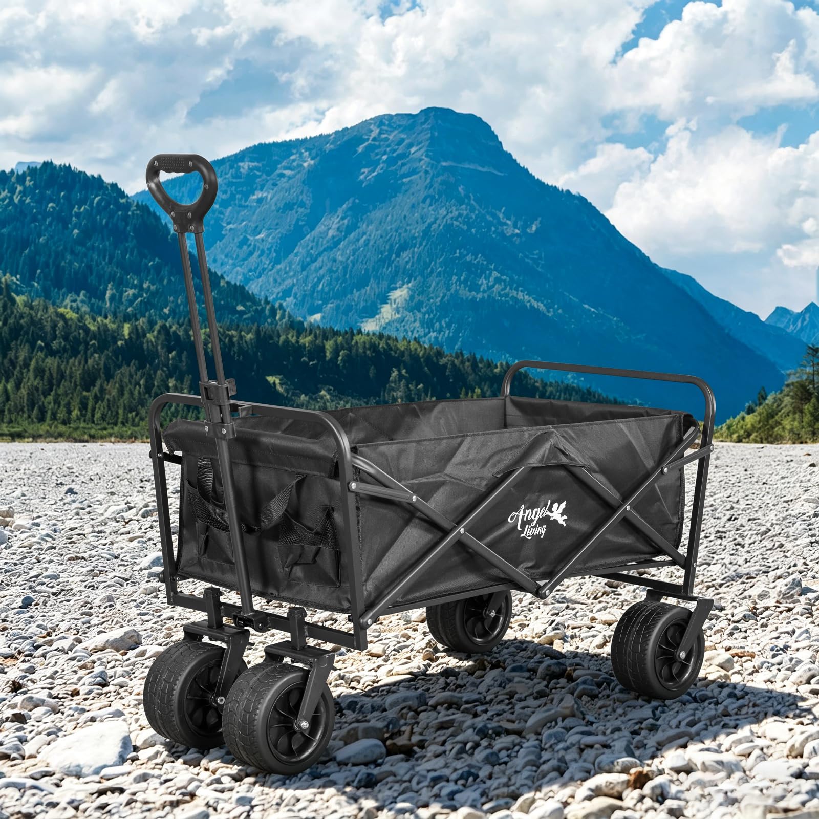 Angel Living Carro Playa Plegable con Frenos 300L 150 KG, Carrito Plegable con Ruedas Extra Grandes 7 * 4 Pulgadas para Todo Terrenos, Carro de Transporte para Jardín, Camping y Compras
