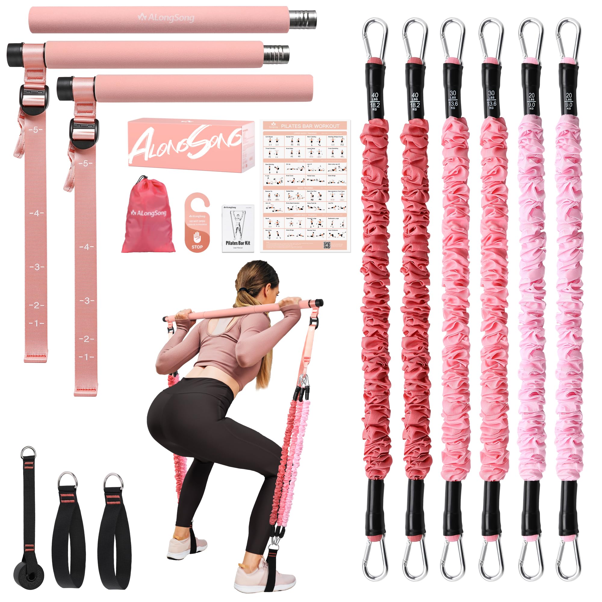 Upgraded Pilates Bar Kit with Resistance Bands Natural Latex for Women &amp; Men, Heavy-Duty Stainless Steel Multifunctional Yoga Pilates Stick for Home Gym Exercise Fitness Equipment Full-Body Workouts