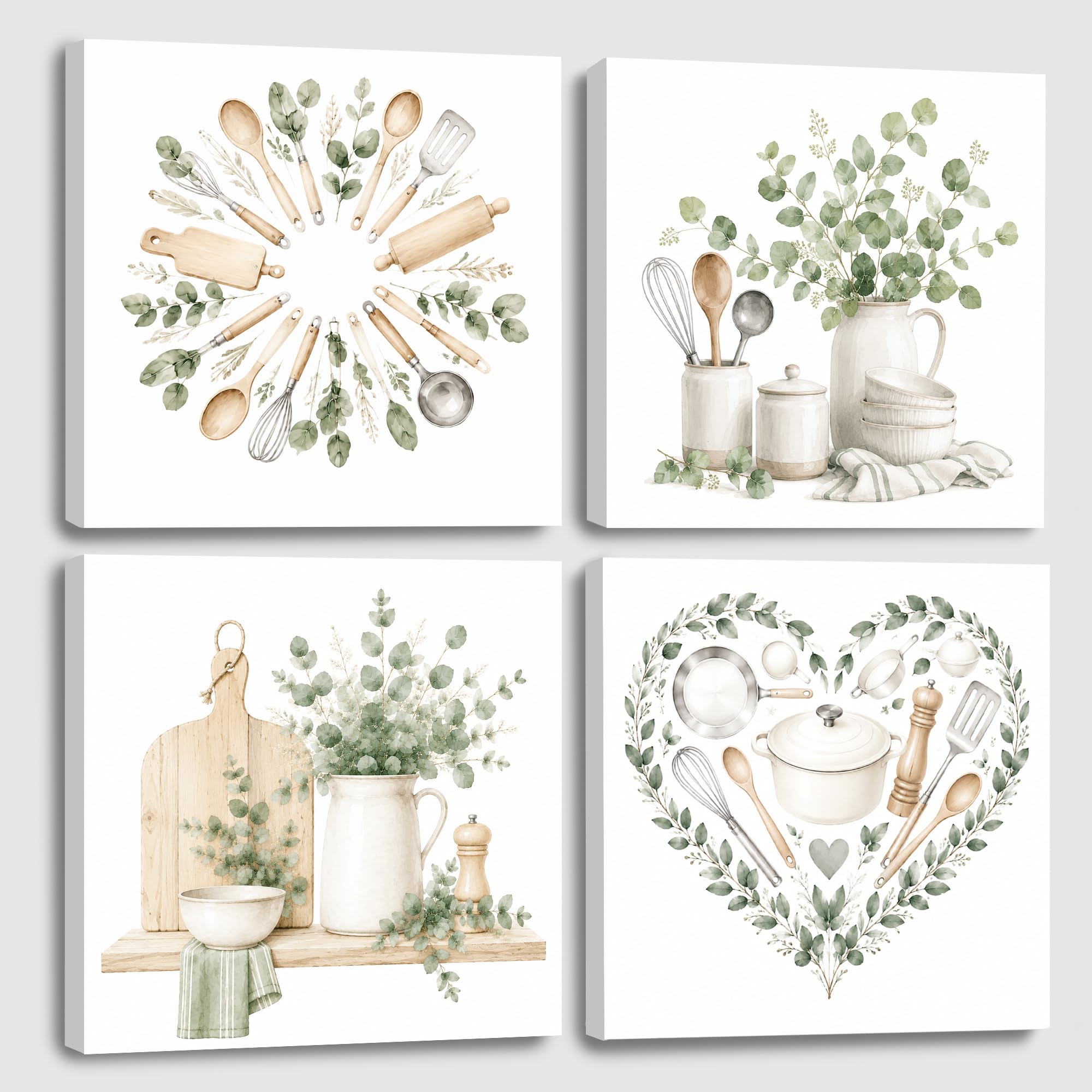 Deveosa Sage Green Kitchen Eucalyptus Paintings Wall Art Decor 4 Pieces Artwork Framed Plant Poster Pictures Canvas Dining Room Modern Decorations