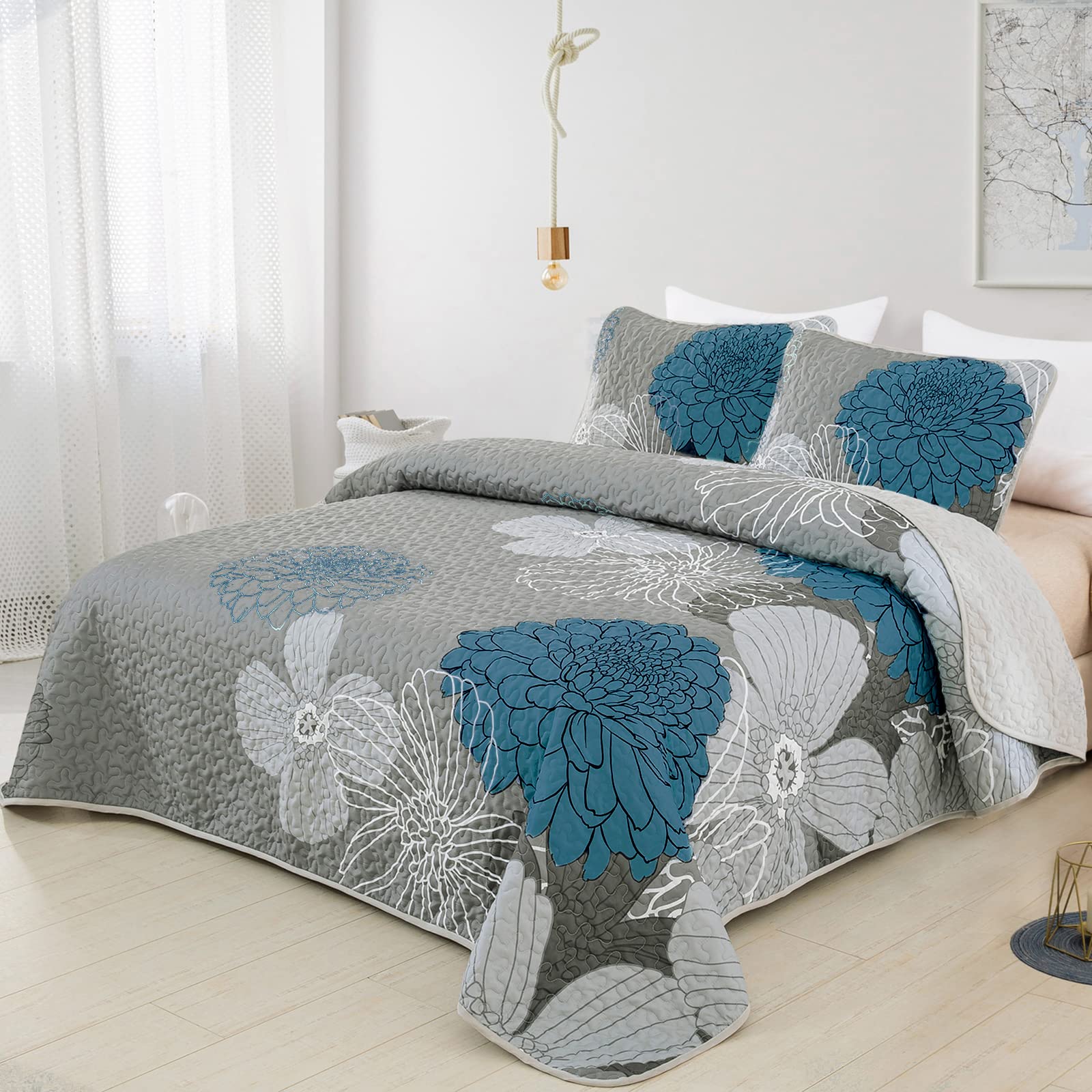 Set di biancheria da letto con copripiumino king size, 3 pezzi, motivo floreale e foglie, reversibile