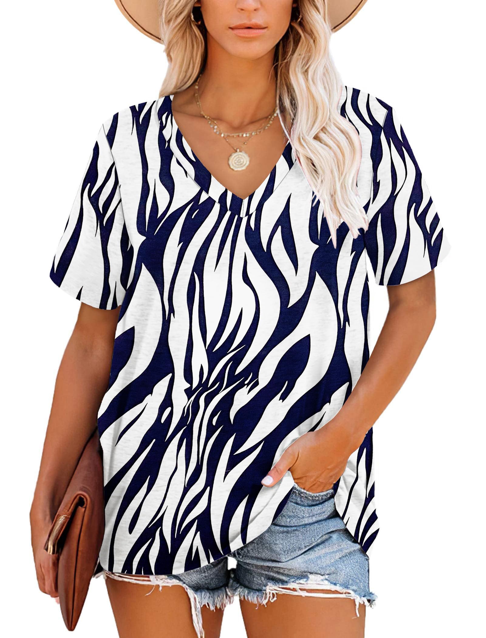 MOLERANI Women Tshirts Short Sleeve V Neck Striped Summer Tops Casual Loose Tee White Navy Leaf Size 6-8