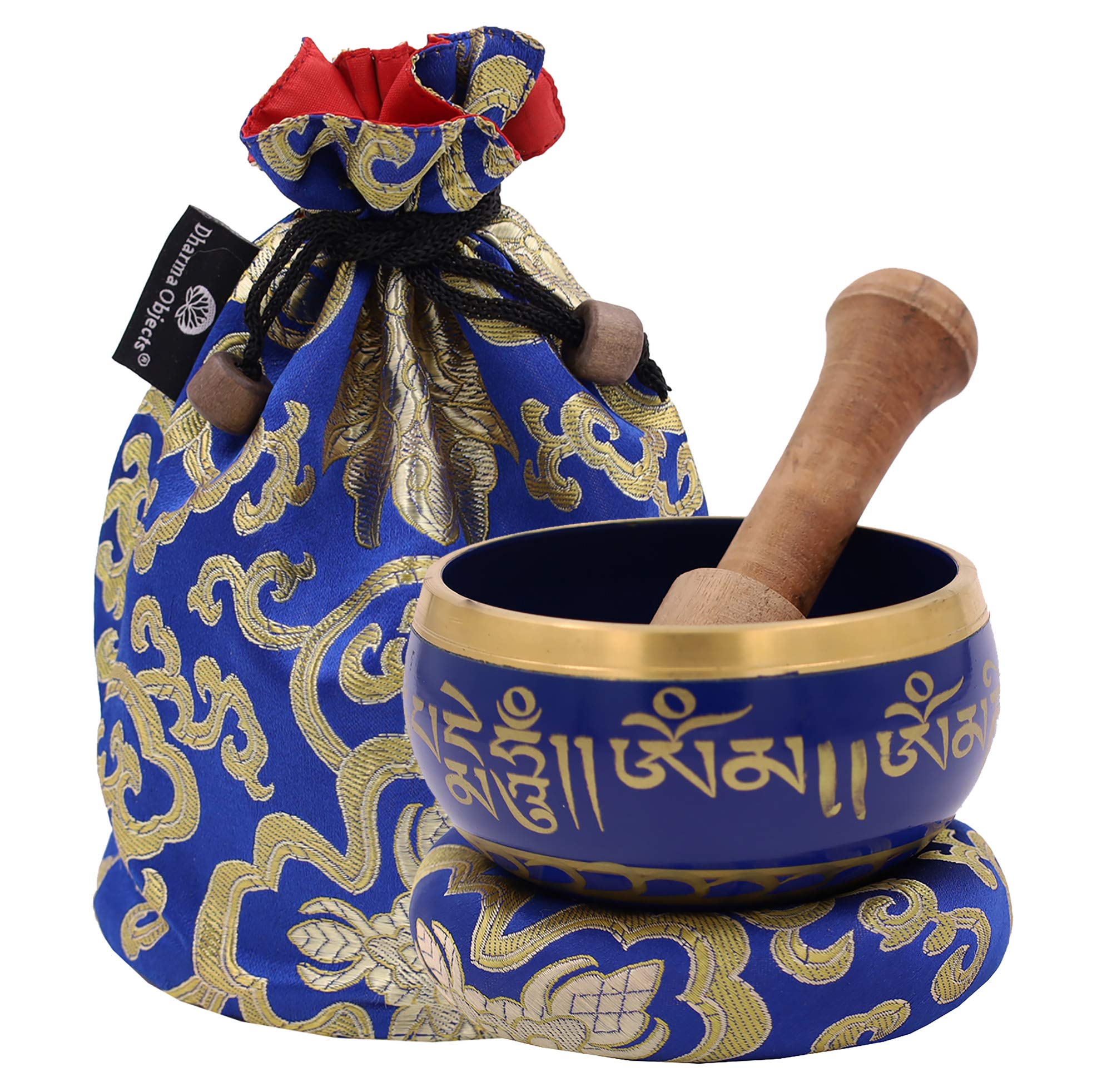 DharmaObjects~ Tibetan OM MANI Singing Bowl Set ~ With Mallet, Brocade Cushion & Carry Bag ~ For Meditation, Chakra Healing, Prayer, Yoga (Blue)