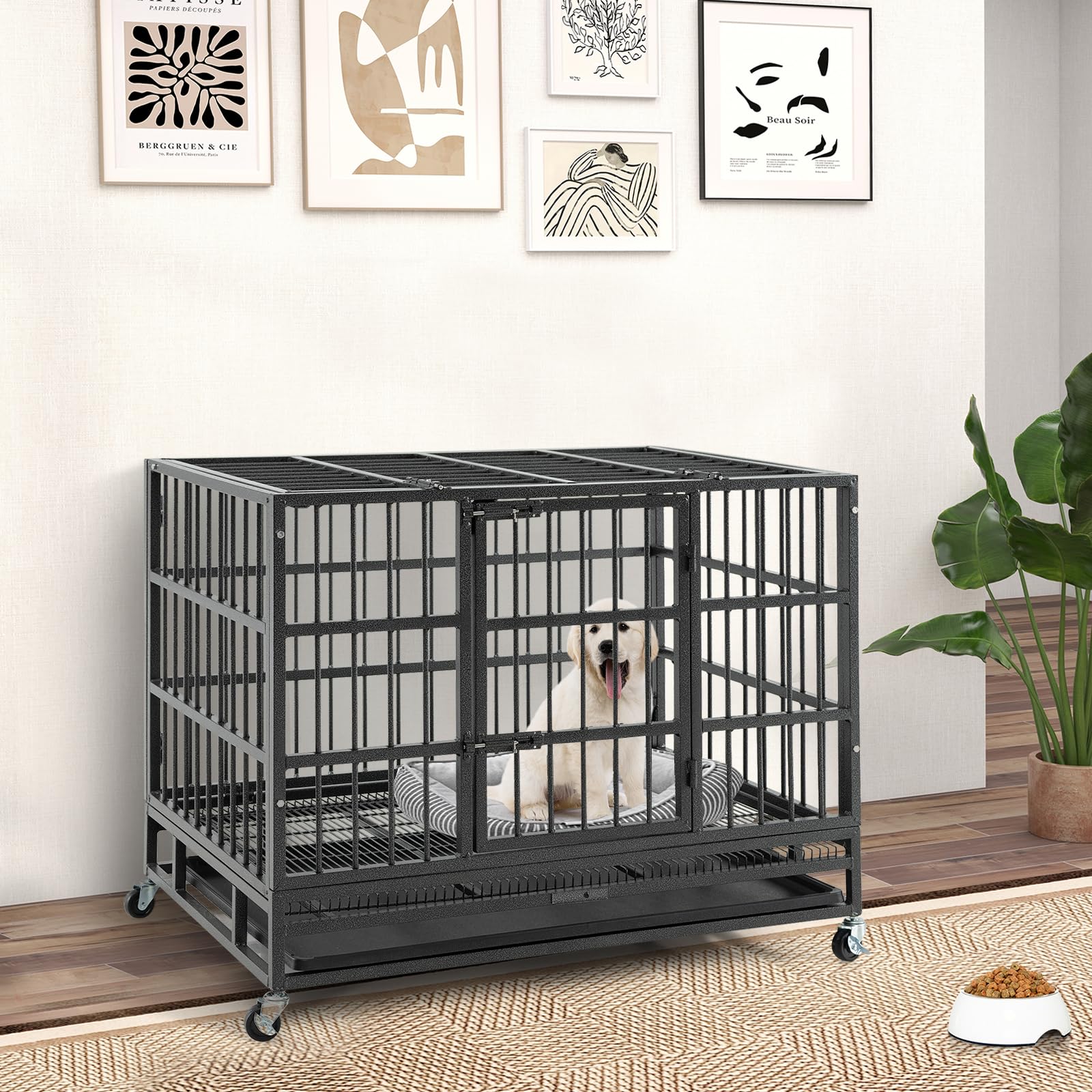COSTWAY Cage pour Chien, Cage Chien Pliable à roulettes, 2 Portes Verrouillables, Plateau Amovible, Anti-Mastication, Cage Chien Interieur, Cage de Transport pour Chien (L)