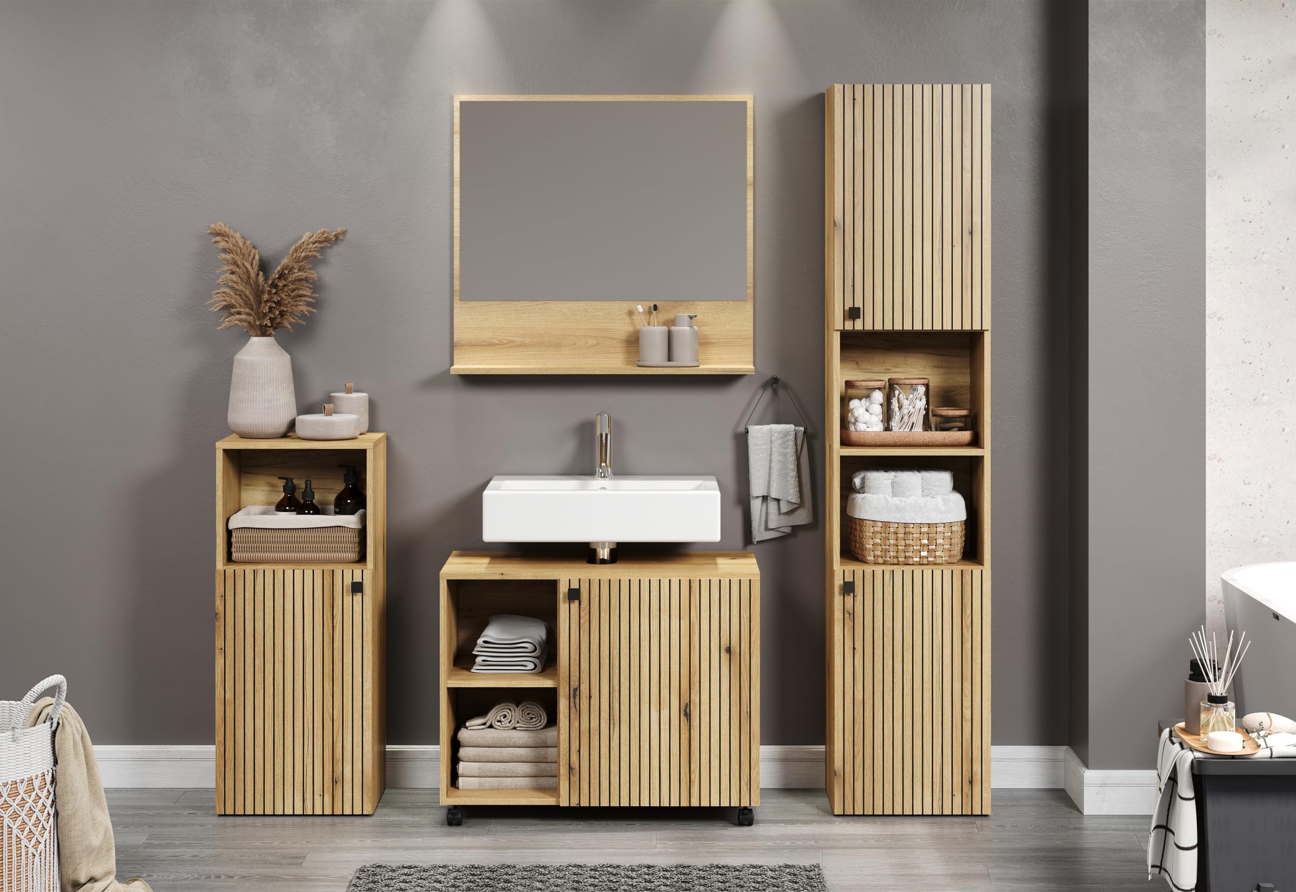trendteam smart living - PureBliss - Kommode - Eiche - Badschrank in angesagter Rillenoptik - (BxHxT) 40 x 95 x 31 cm - schwarzer Metallgriff - 1 offenes und 2 geschlossene Fächer - kratzfest