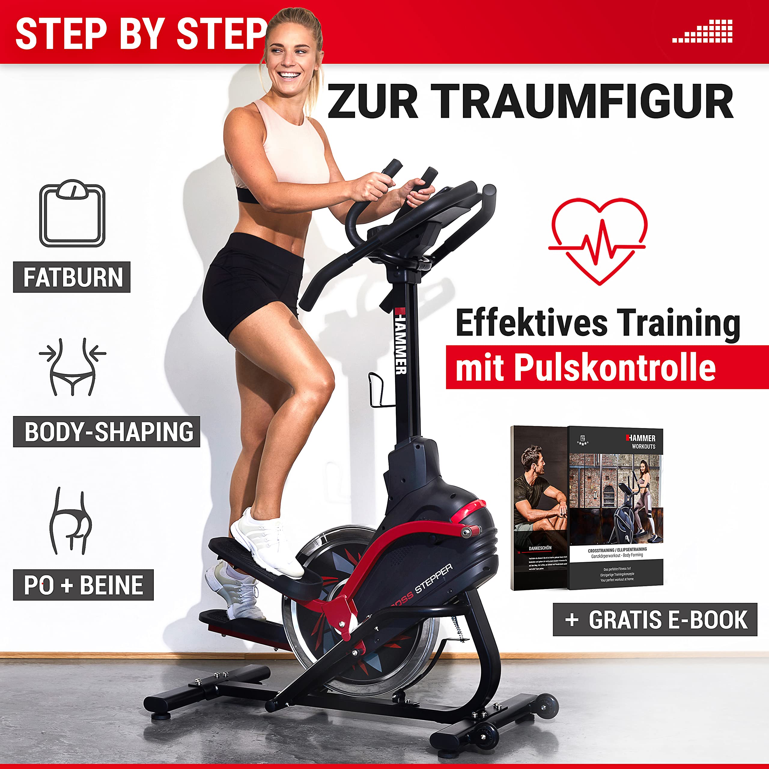HAMMER Cross Stepper, Mix aus Crosstrainer- und Stepper-Workout, Tablet- und Smartphonehalterung, Fitness-Apps, max. Gewichtsbelastung 130 kg, 108 x 50 x 154 cm