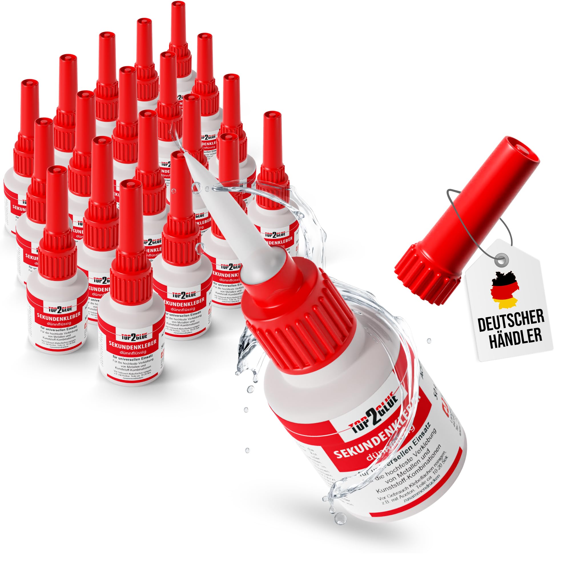 TOP2GLUE Sekundenkleber extra stark dünnflüssig 50g, hitzebeständig + wasserfest,Industriequalität für Handwerk Haushalt Hobby Modellbau Superkleber (20 Flaschen)