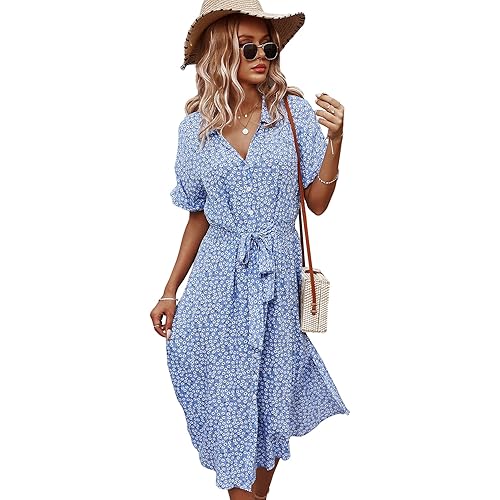 SOLY HUX Womens Summer Dress Casual Ditsy Floral Tie Front Button Up Boho Midi Tshirt Dresses