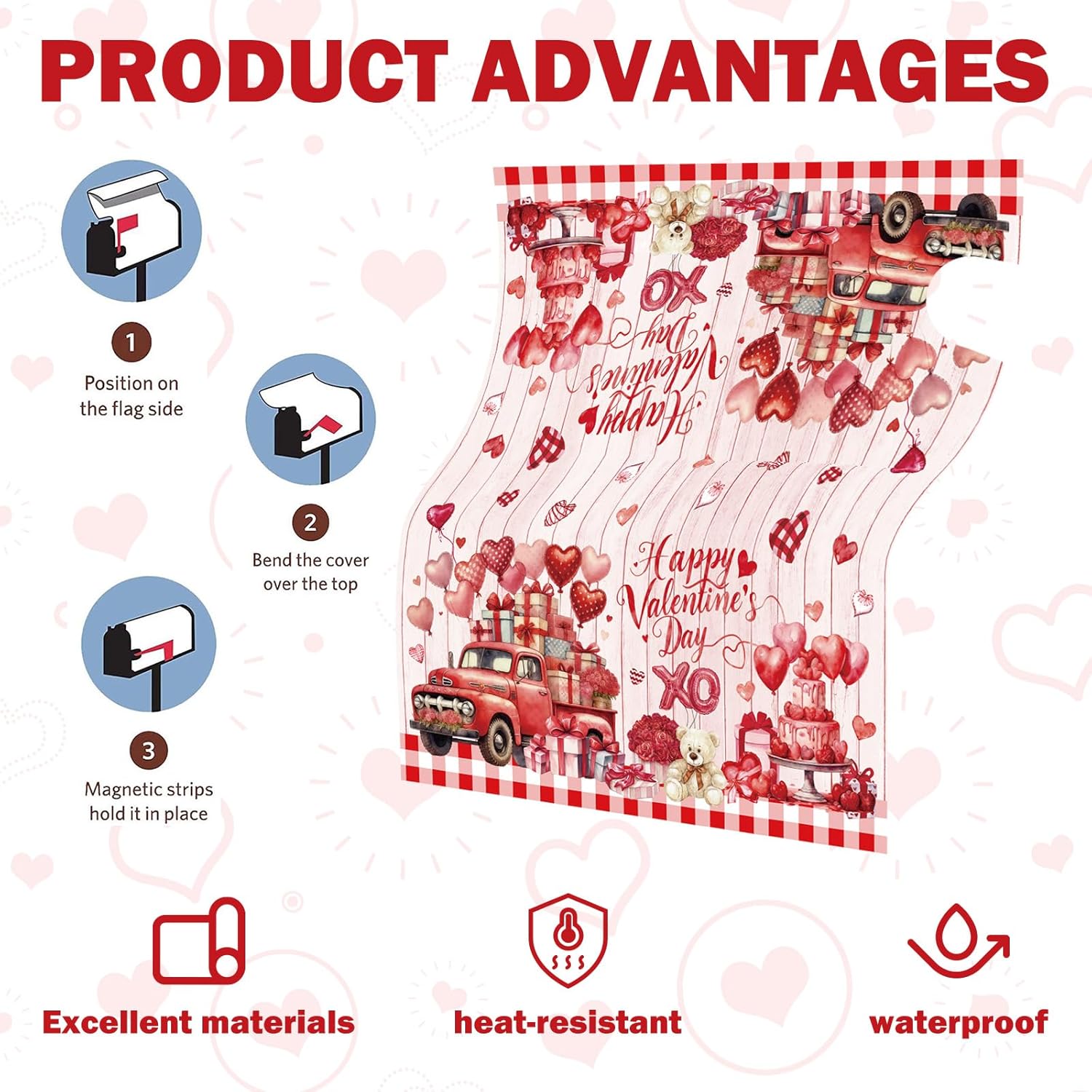Valentines Mailbox Covers Magnetic Standard Size 18" X 21" Happy Valentine’s Day Mailbox Wraps Post Letter Love Hearts Rose Box Cover for Holiday Garden Yard Decor