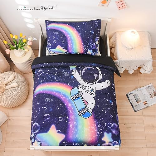 A Nice Night Galaxy Space Planet - Juego de ropa de cama para niños pequeños, incluye edredón, sábana encimera, sábana bajera y funda de almohada,