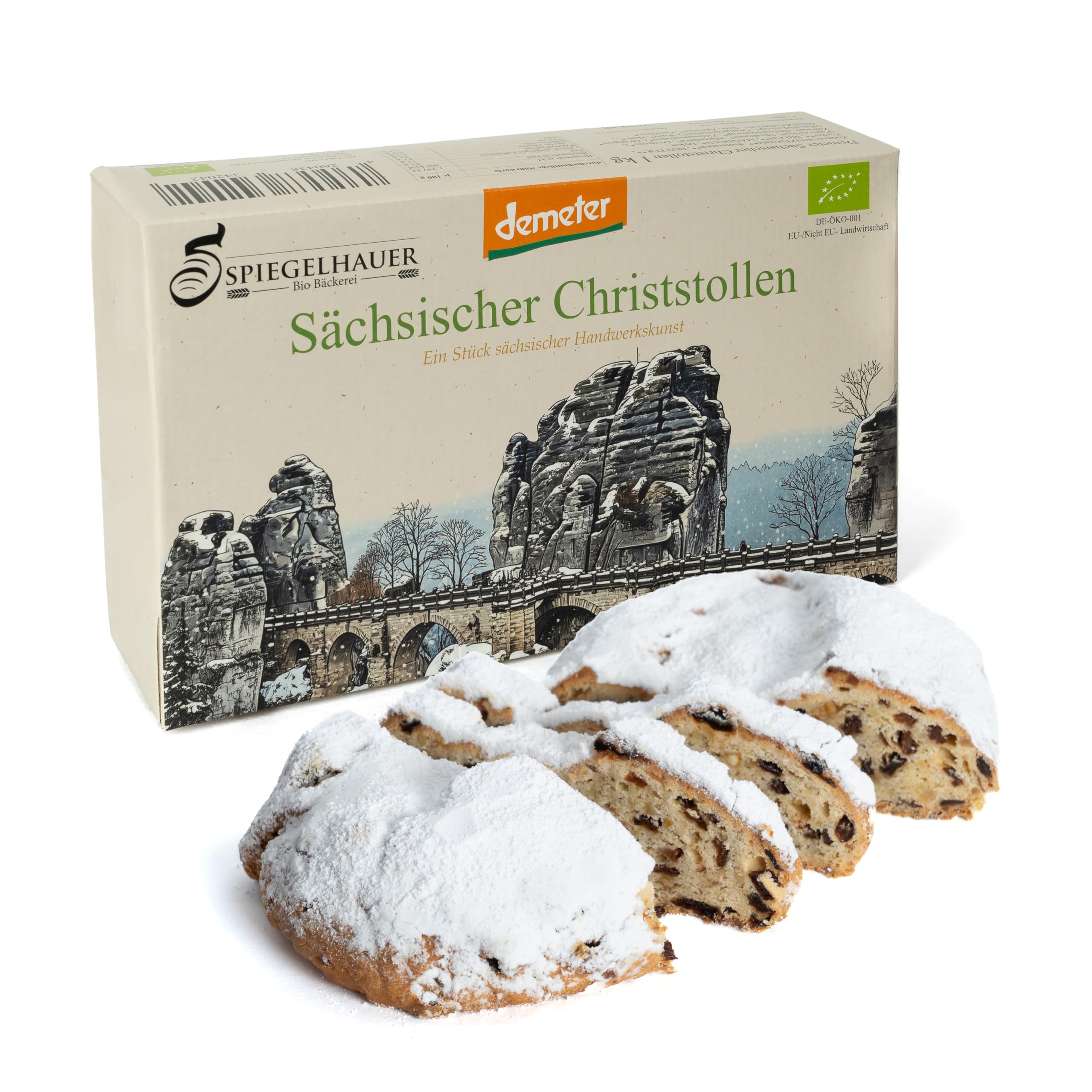 Bäckerei Spiegelhauer Demeter Christstollen Bio Stollen 1 kg aus Sachsen Stollen im Präsentkarton ohne Palmöl Stolle