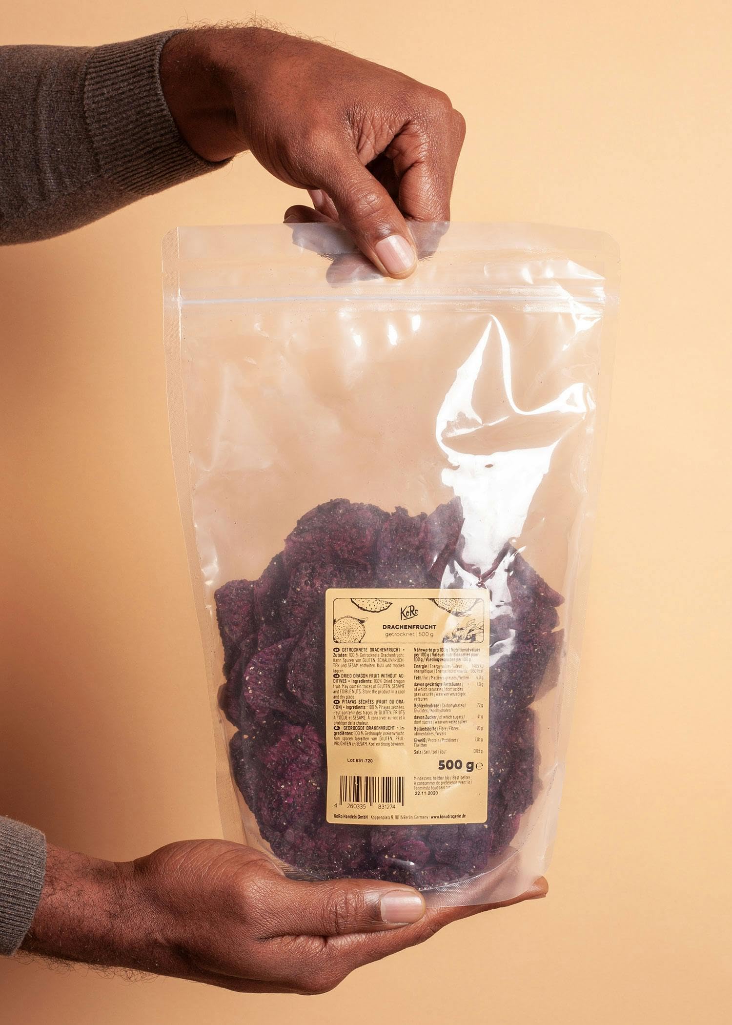 KoRo - Pitaya essiccata 500 g - Frutto del drago essiccato, senza zucchero, frutta esotica disidratata, snack senza conservanti, 100% naturale