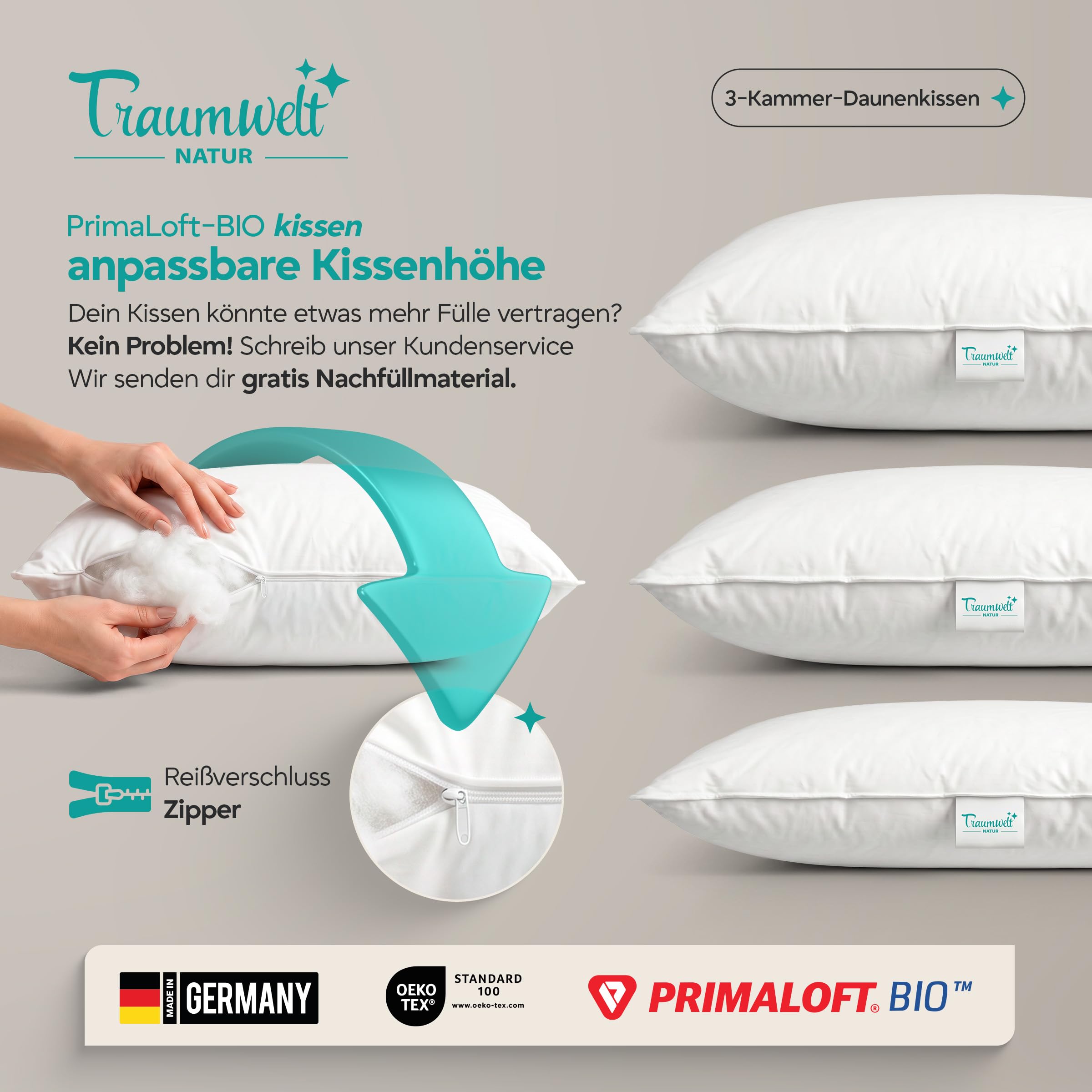 Made in Germany 3-Kammer-Daunenkissen 80x80 cm, höhenverstellbar mit Reißverschluss, außen 90% Daunen, innen Primaloft, Allergiker geeignet, Oeko-TEX Standard 100 Klasse 1