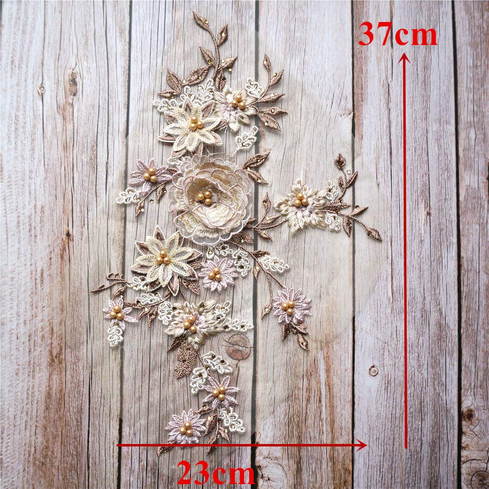 Brown Lace Fabric Flowers Appliques Beads Rhinestones Leaves