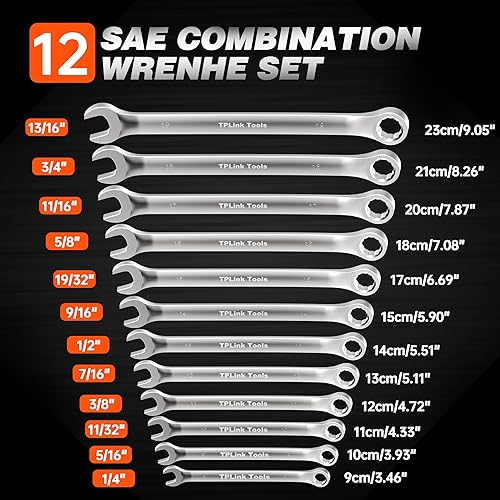 Miniatura 2 de TPLink Tools Juego de llaves combinadas métricas (CR-V), juego de llaves de 12 piezas con organizador, 0.315-0.748 in, acero al cromo vanadio