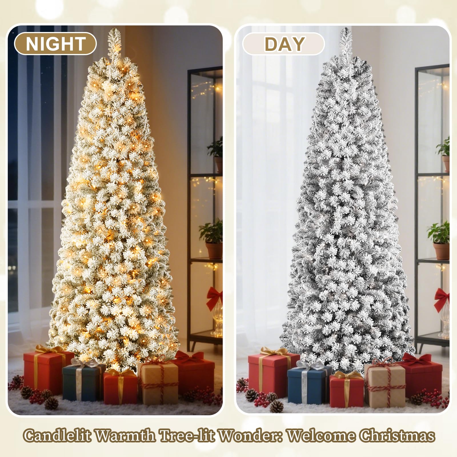 SHareconn Albero di Natale Artificiale 210cm Pre-Illuminato Slim con 250 Luci LED Bianco Caldo, Rami PVC ad Cerniera Innevate & Base Metallica, Albero Pencil Space Saving per Decorazione Casa Ufficio