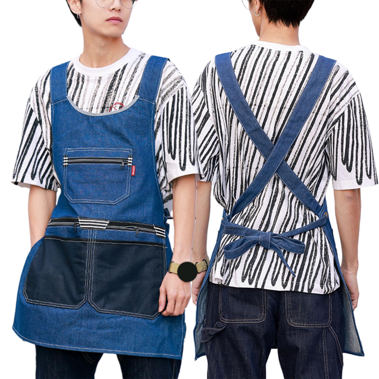 Tabliers, Tabliers en jean for femmes et hommes, tablier croisé dans le dos avec poches for barista, chef, barbier, peintre jardinier, noir