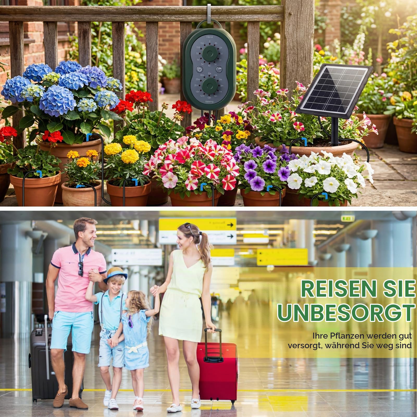 Solar Bewässerungssystem Automatische Set, Solar Automatische Bewässerungssystem Garten mit Timer und 15 Tropfer DIY BewäSserung Modi für Topfpflanzen, Garten, Balkon Pflanzen, Gewächshaus